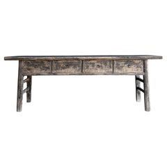 Vintage Elm Wood Console Table with Drawers