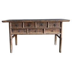 Vintage Elm Wood Console Table with Drawers