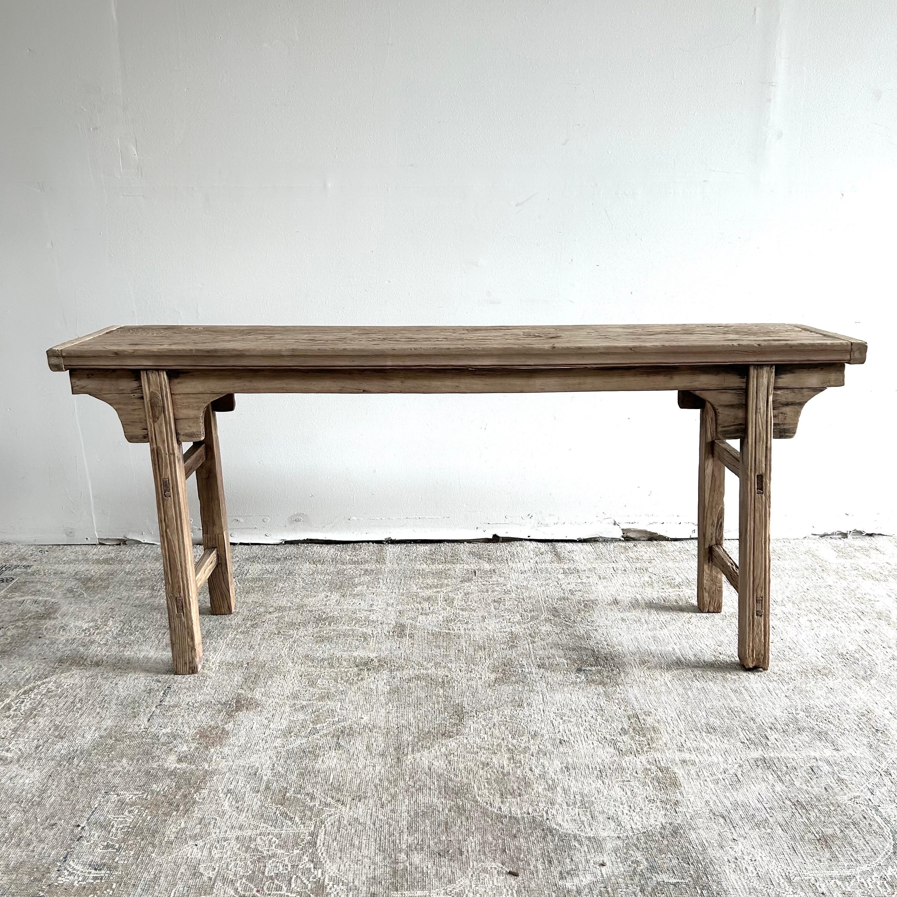 Vintage antique elm wood console table beautiful antique patina, with weathering and age, these are solid and sturdy ready for daily use, use as a entry table, sofa table or console in a dining room. Great in a living room with baskets or ottomans