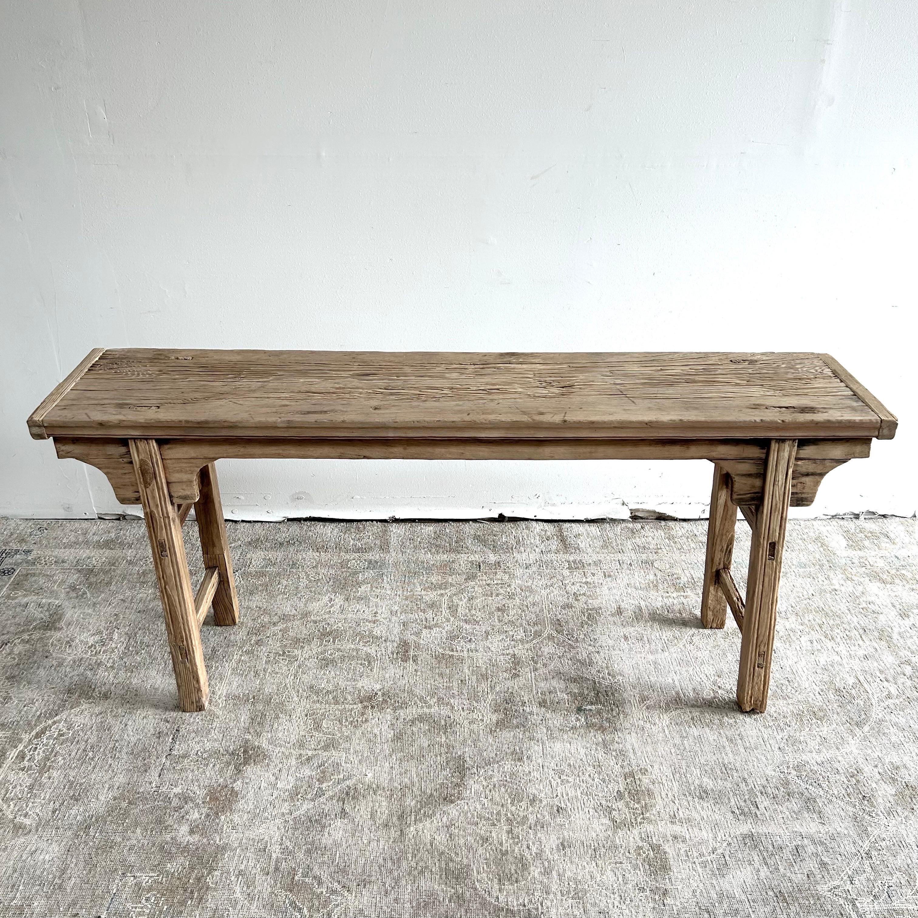 Vintage Elm Wood Console Table with Patina Top In Good Condition For Sale In Brea, CA