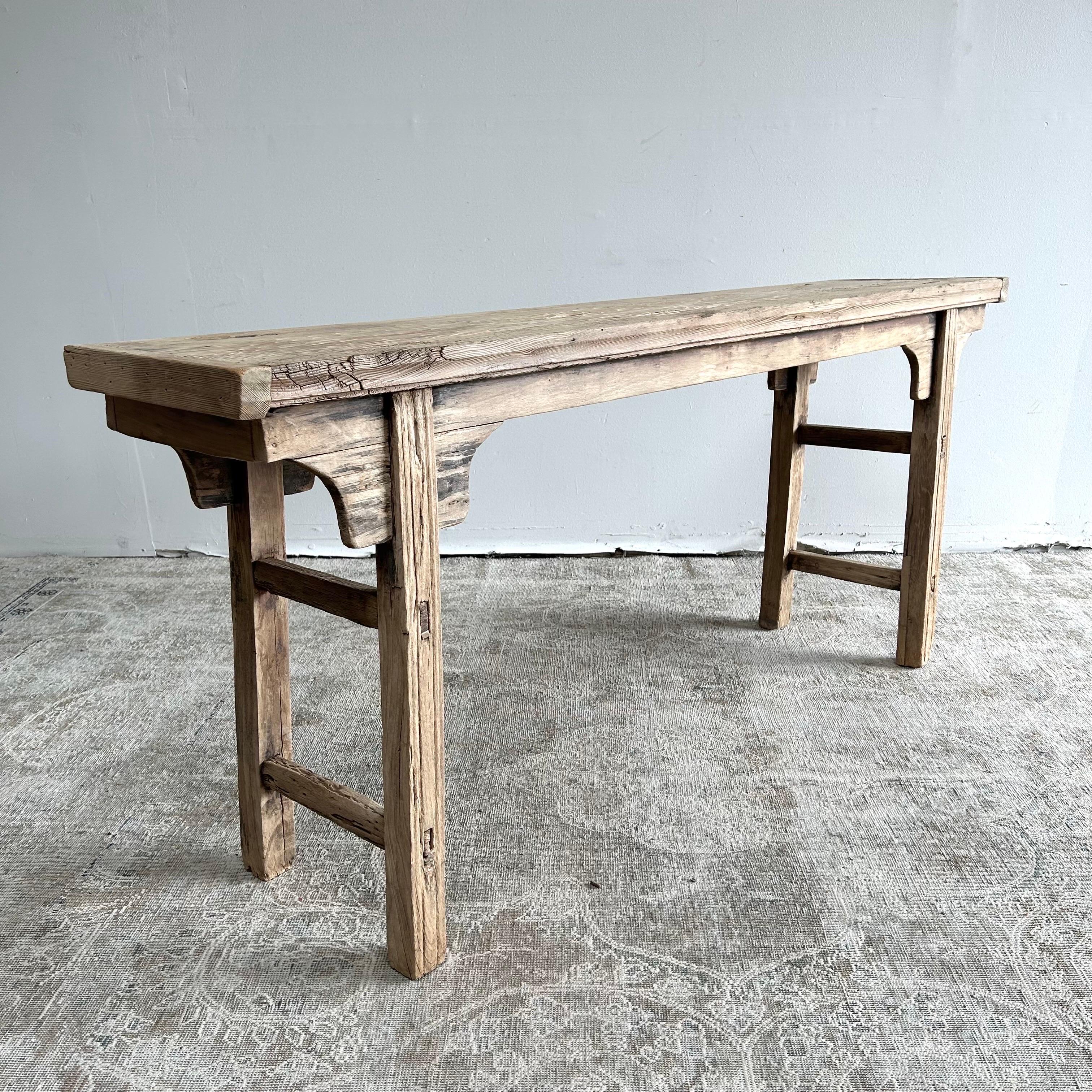 Vintage Elm Wood Console Table with Patina Top For Sale 1