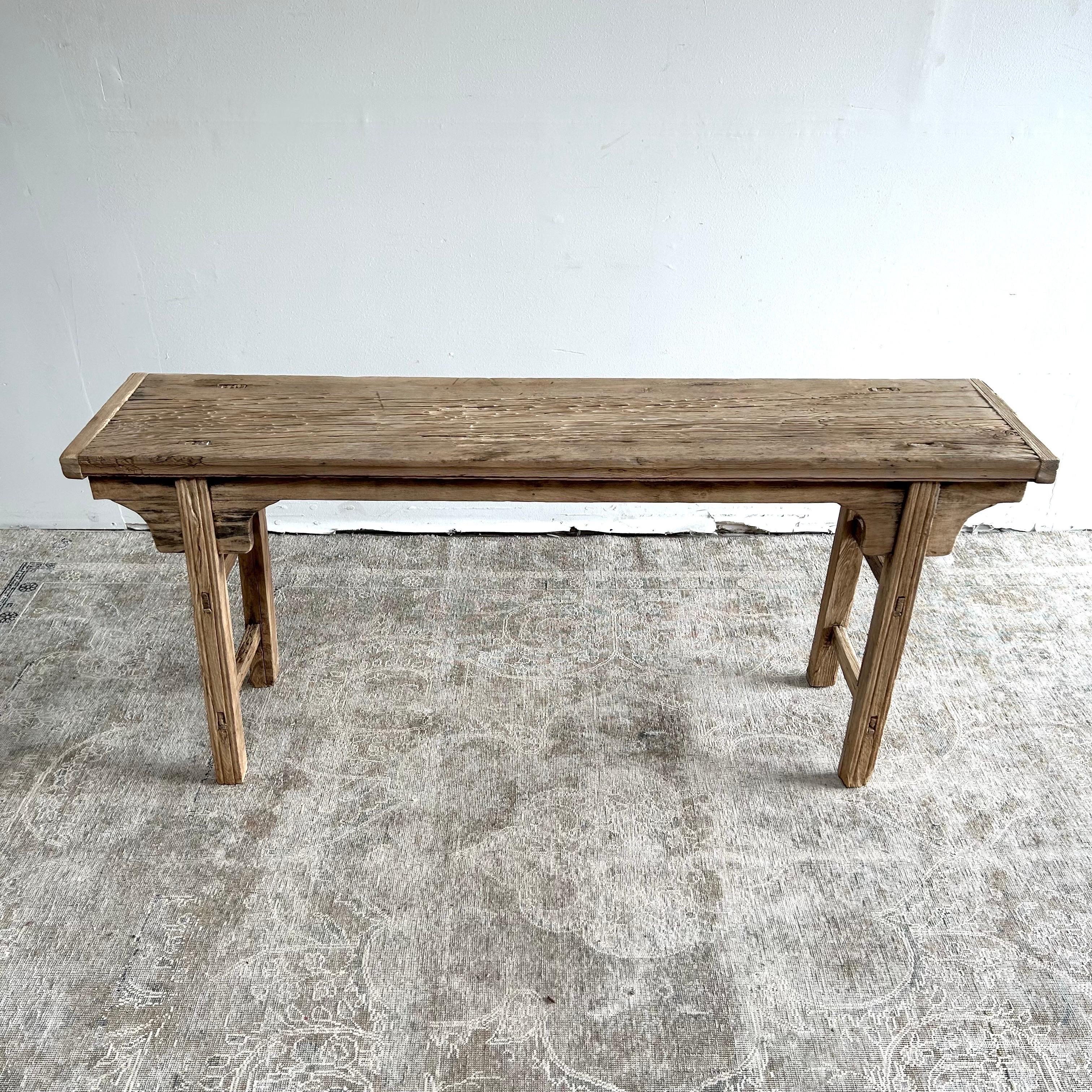 Vintage Elm Wood Console Table with Patina Top For Sale 3