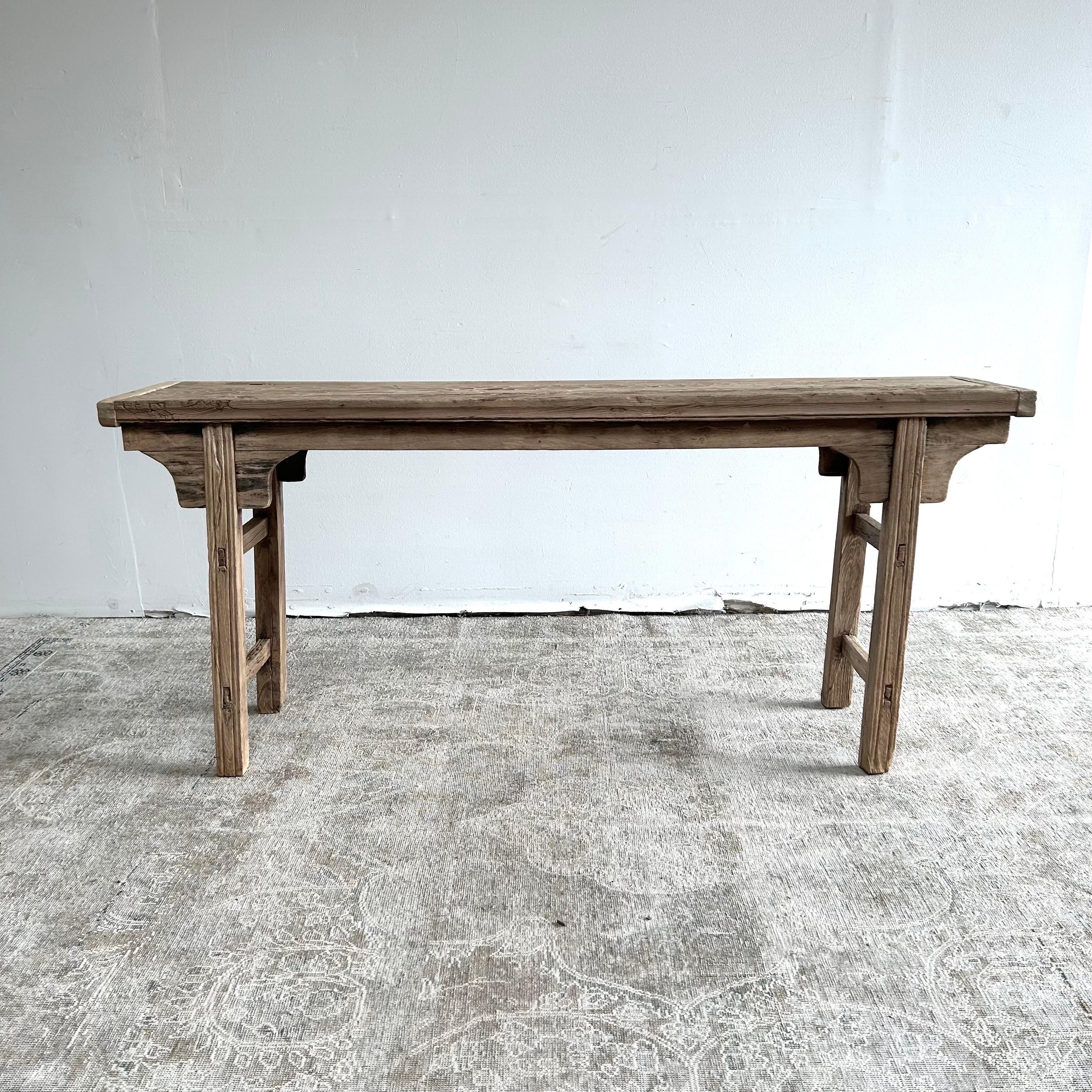 Vintage Elm Wood Console Table with Patina Top For Sale 4