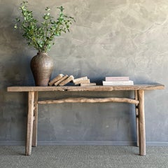 Vintage Elm Wood Console Table with Rustic Branch Stretchers 70"
