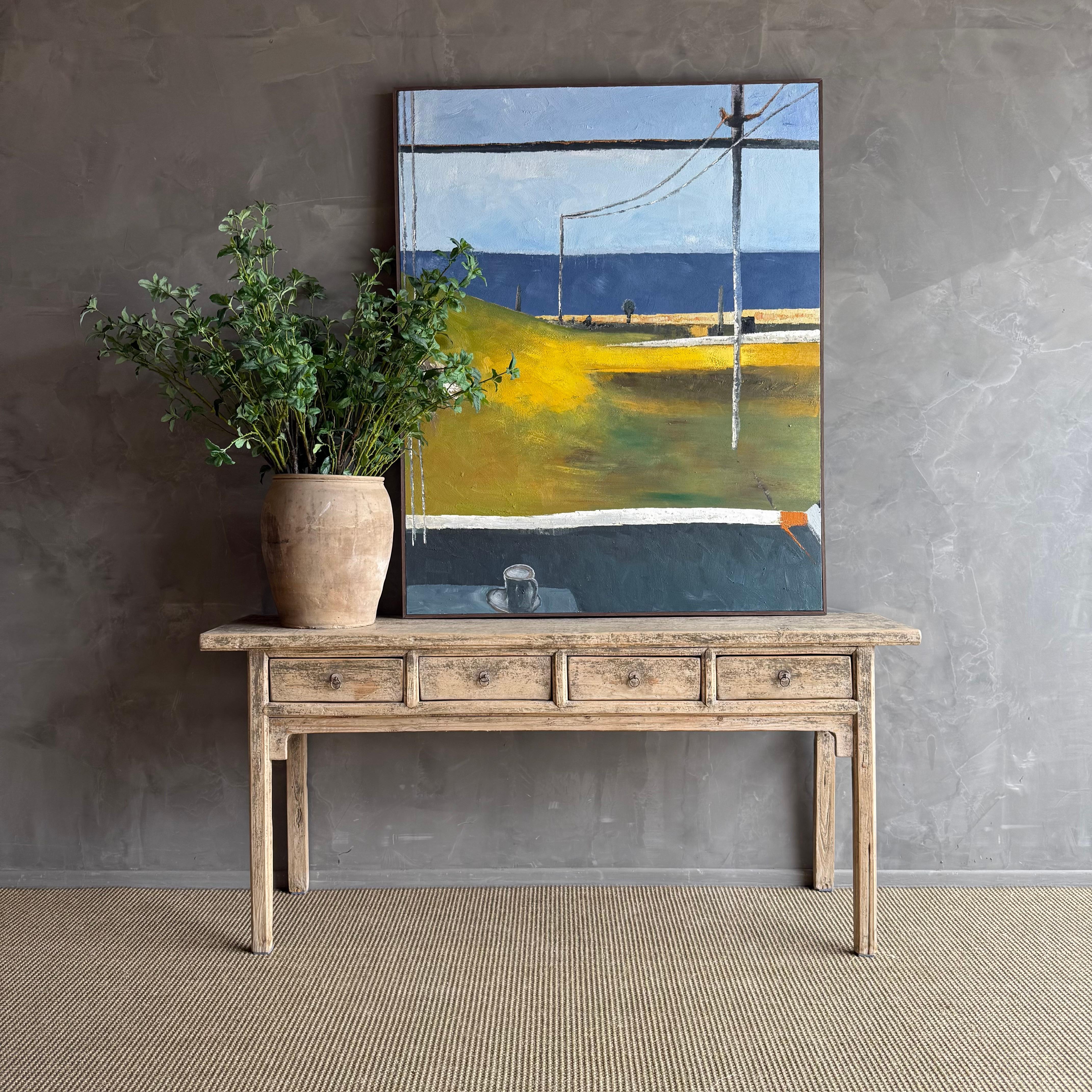 Vintage Elm Wood Console with 4 Drawers For Sale 7