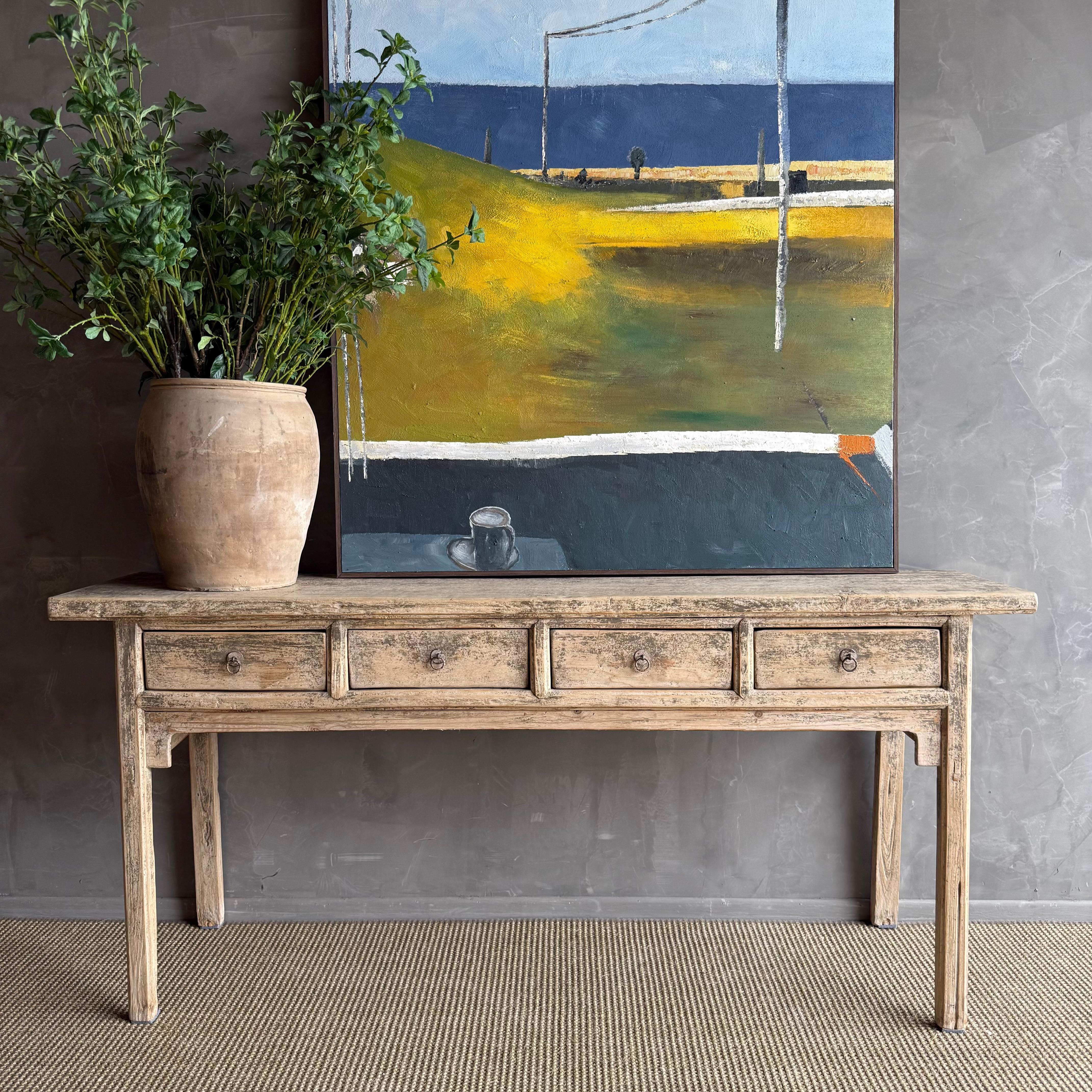 Vintage Elm Wood Console with 4 Drawers For Sale 8