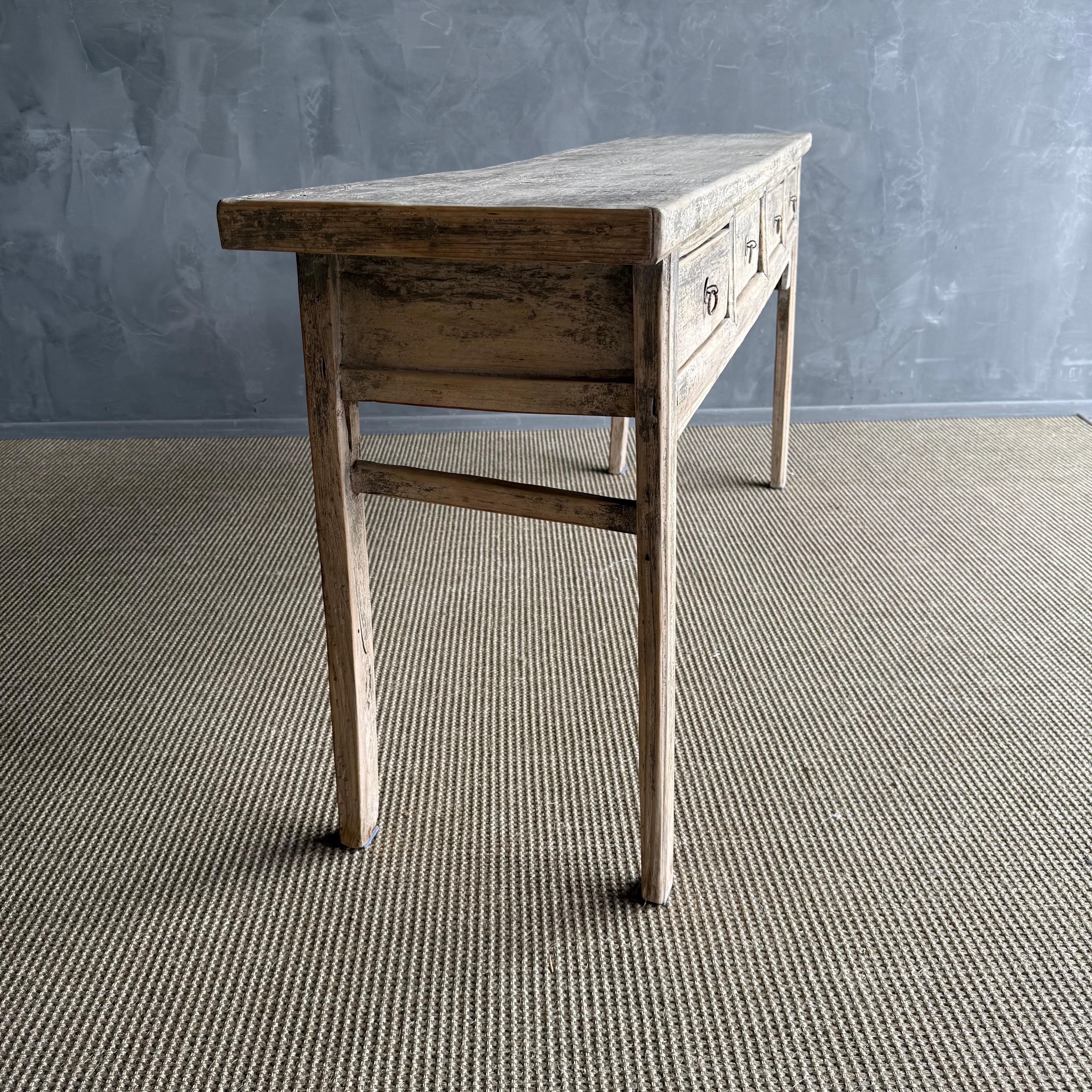 Vintage Elm Wood Console with 4 Drawers For Sale 9