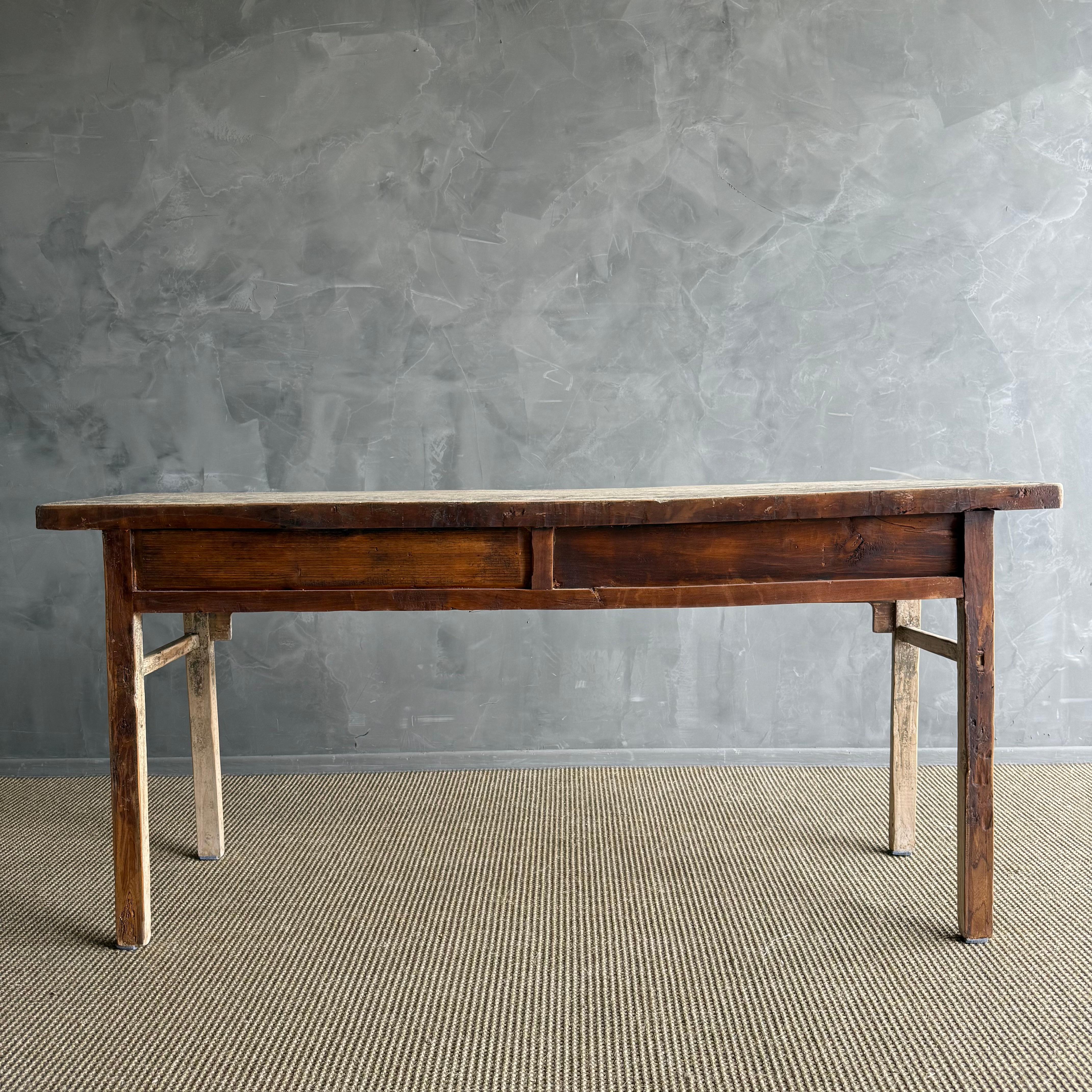 Vintage Elm Wood Console with 4 Drawers For Sale 12