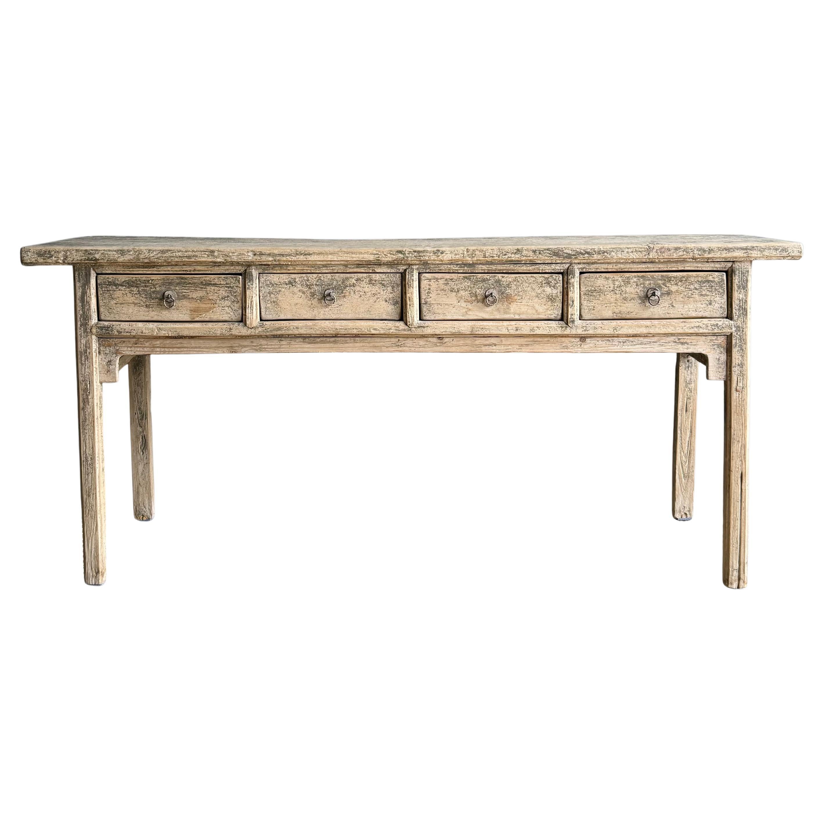 Vintage Elm Wood Console with 4 Drawers