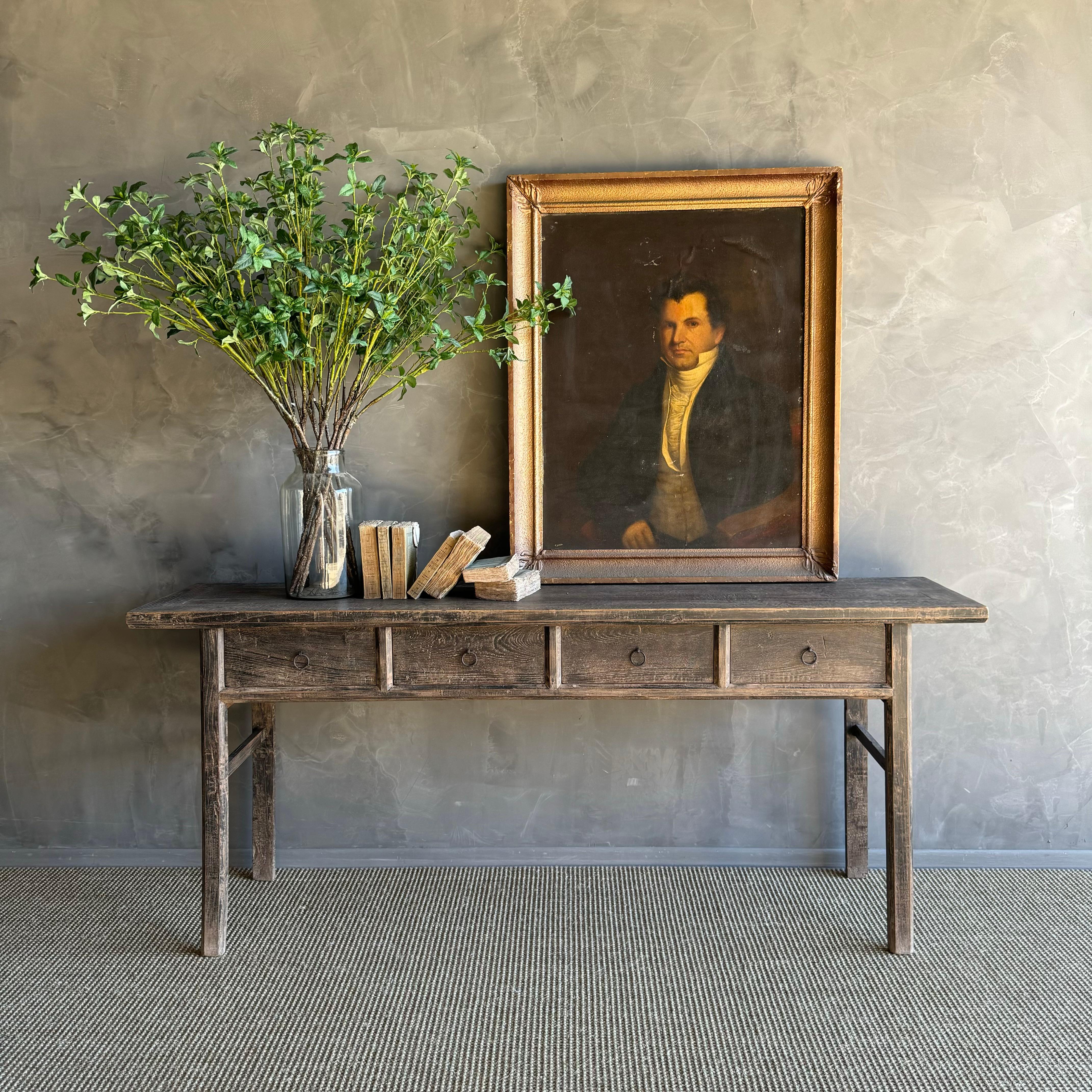Vintage Elm Wood Console with Drawers 78