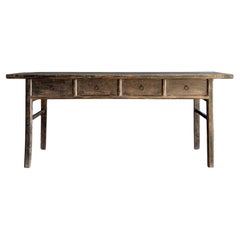 Vintage Elm Wood Console with Drawers 78"