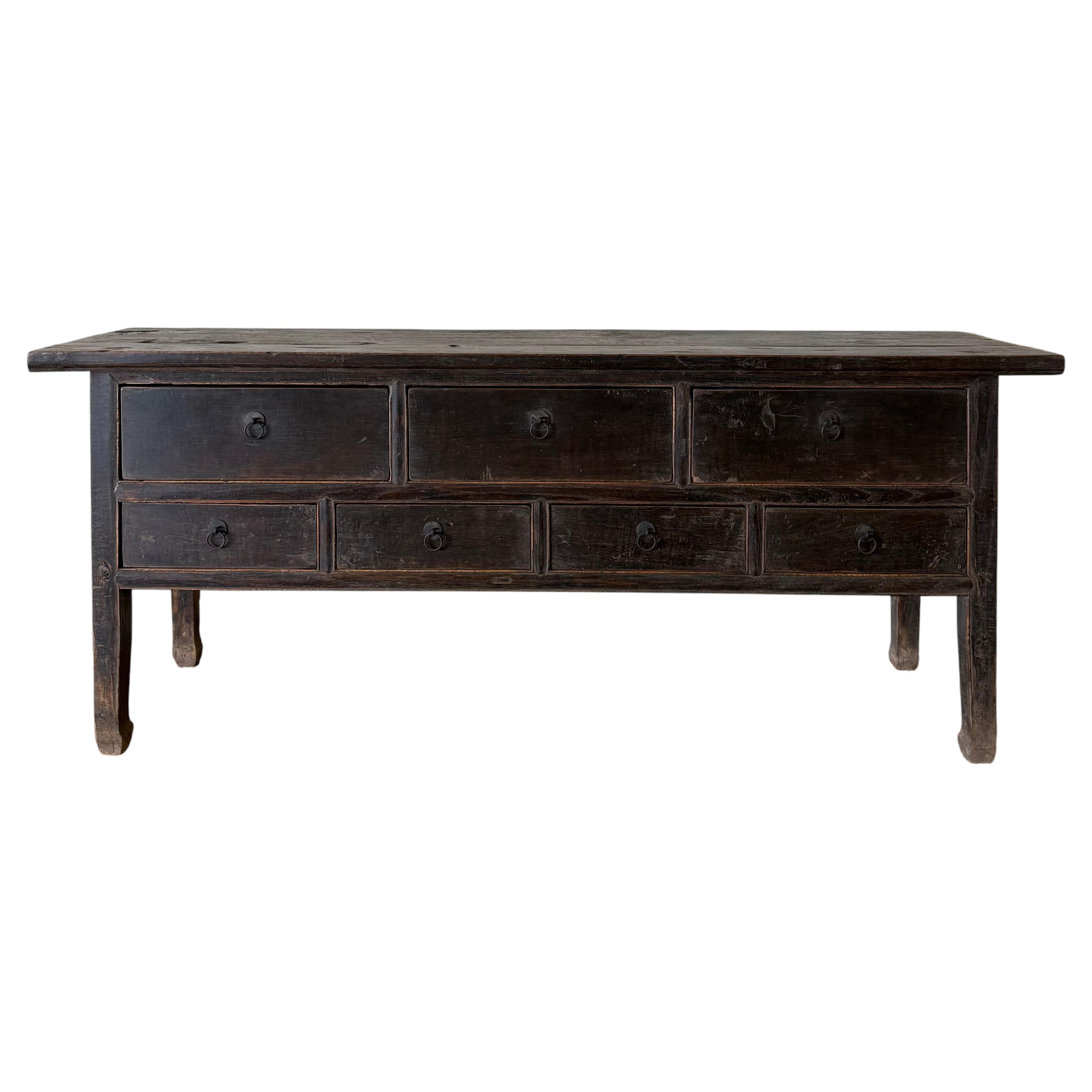 Vintage Elm Wood Console with Painted Finish 7 Drawers 74"