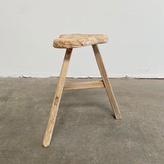 Vintage Elm Wood Curve Trefoil Shape Stool
