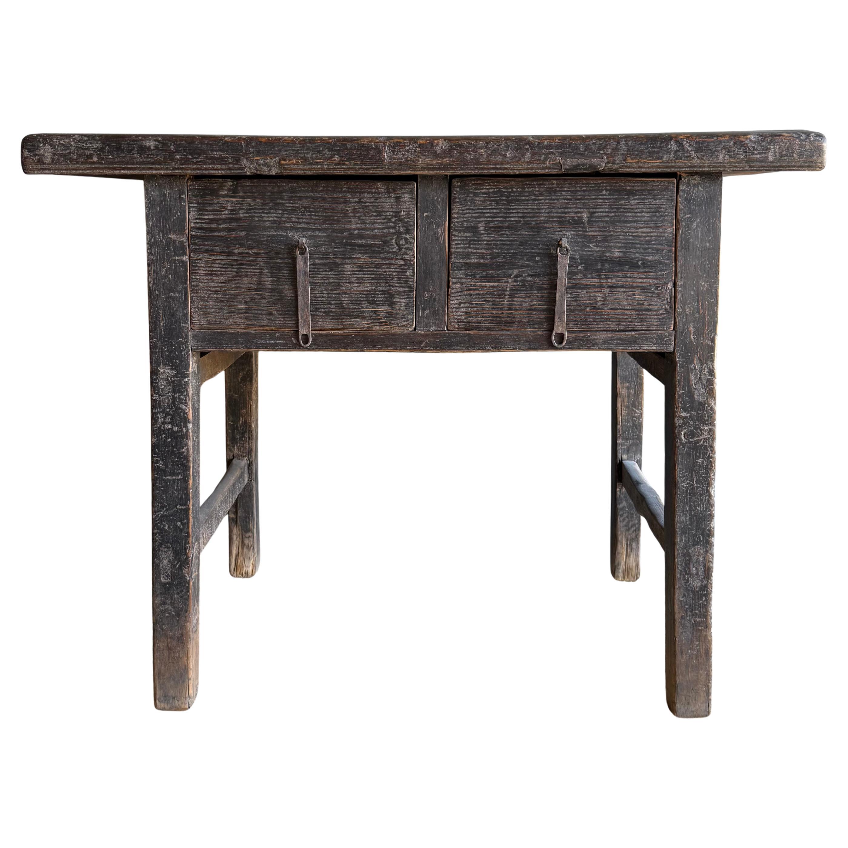 Vintage Elm Wood Painted Console with Drawers 41" For Sale