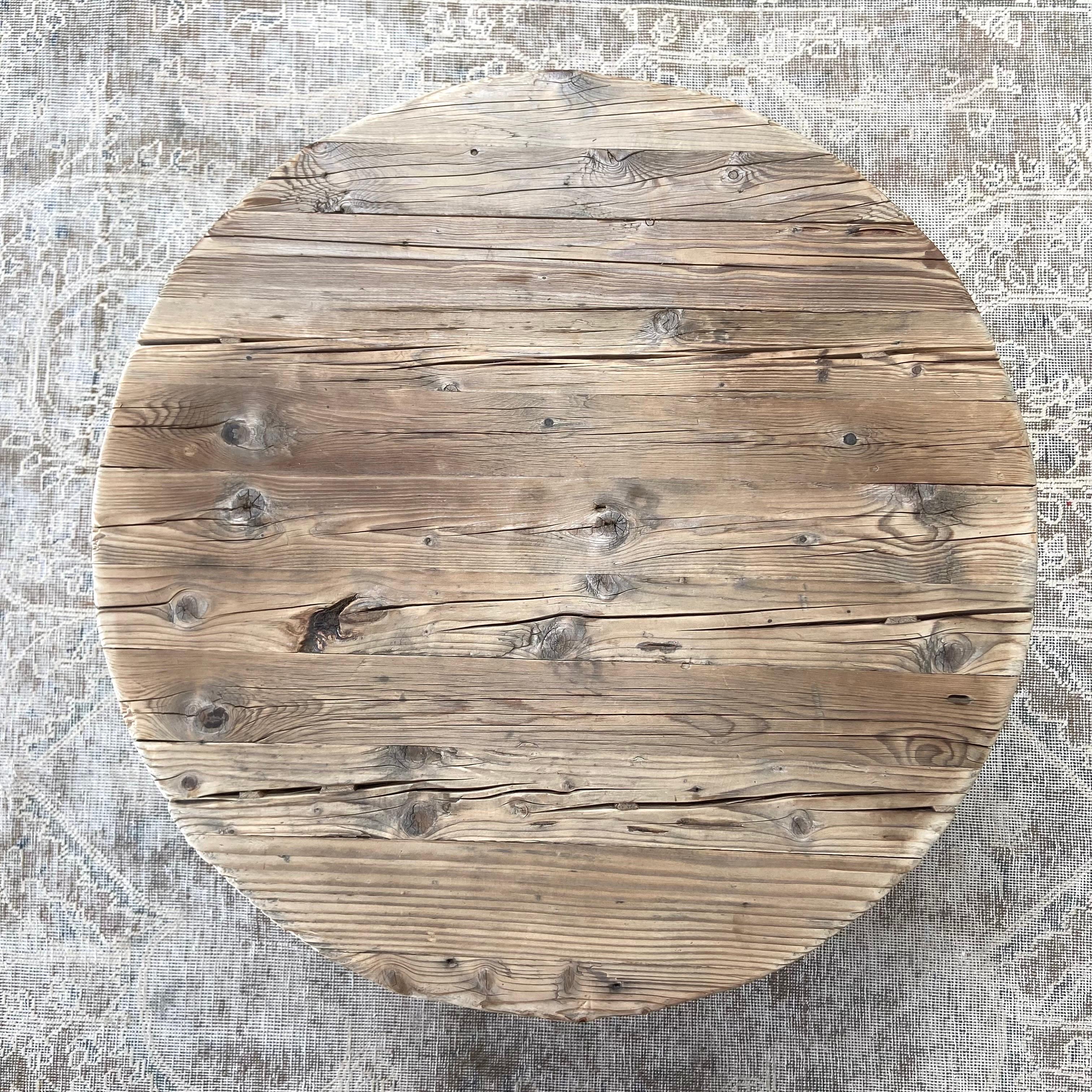 Vintage Elm Wood Round Coffee Table with Thick Top 4