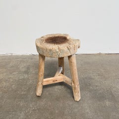 Tabouret de Chopping rond vintage en bois d'orme