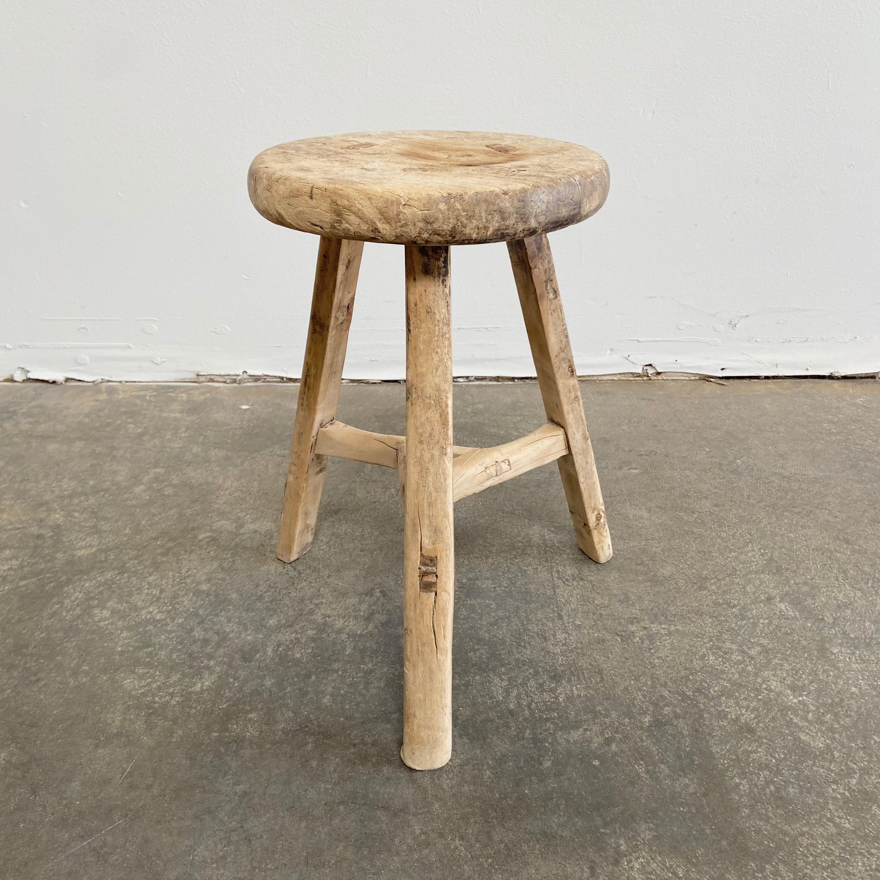 Vintage Elm Wood Round Stool In Good Condition In Brea, CA