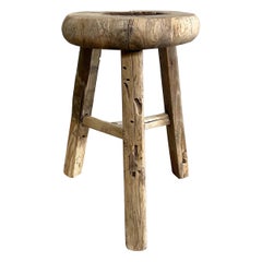 Vintage Elm Wood Round Stool