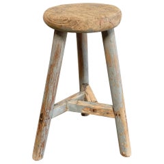 Vintage Elm Wood Round Stool with Faded Paint