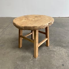 Vintage Elm Wood Rustic Round Side Table