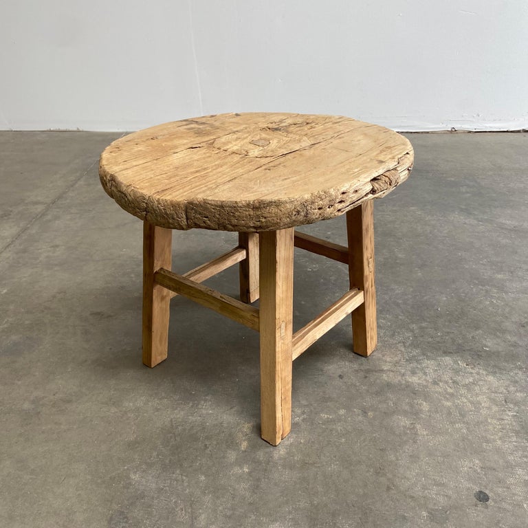Vintage Elm Wood Rustic Round Side Table at 1stDibs