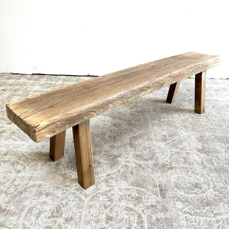 Vintage Elm Wood Bench For Sale at 1stDibs