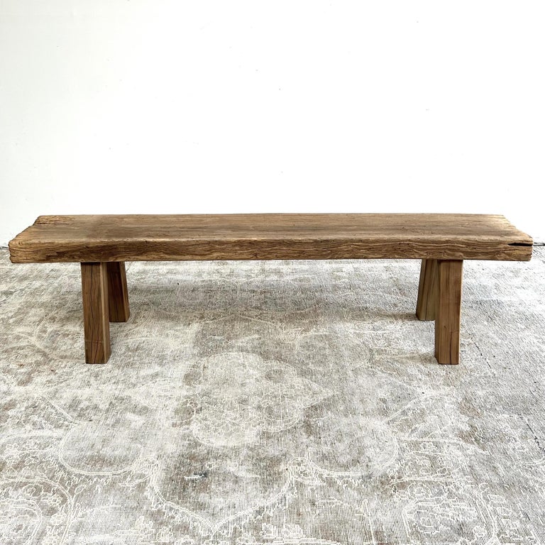 Vintage Elm Wood Bench For Sale at 1stDibs