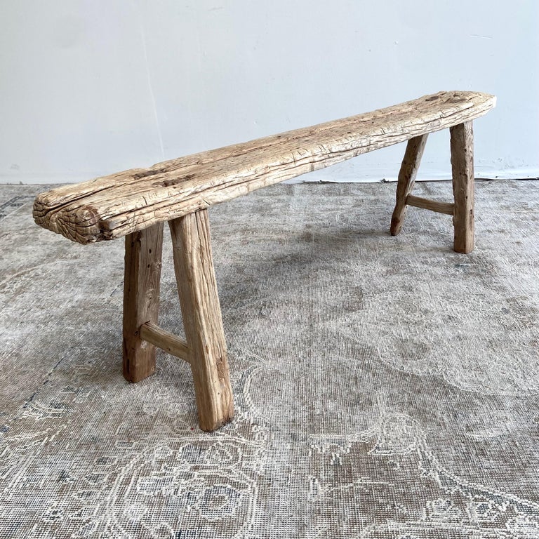 Vintage Elm Wood Skinny Bench For Sale at 1stDibs
