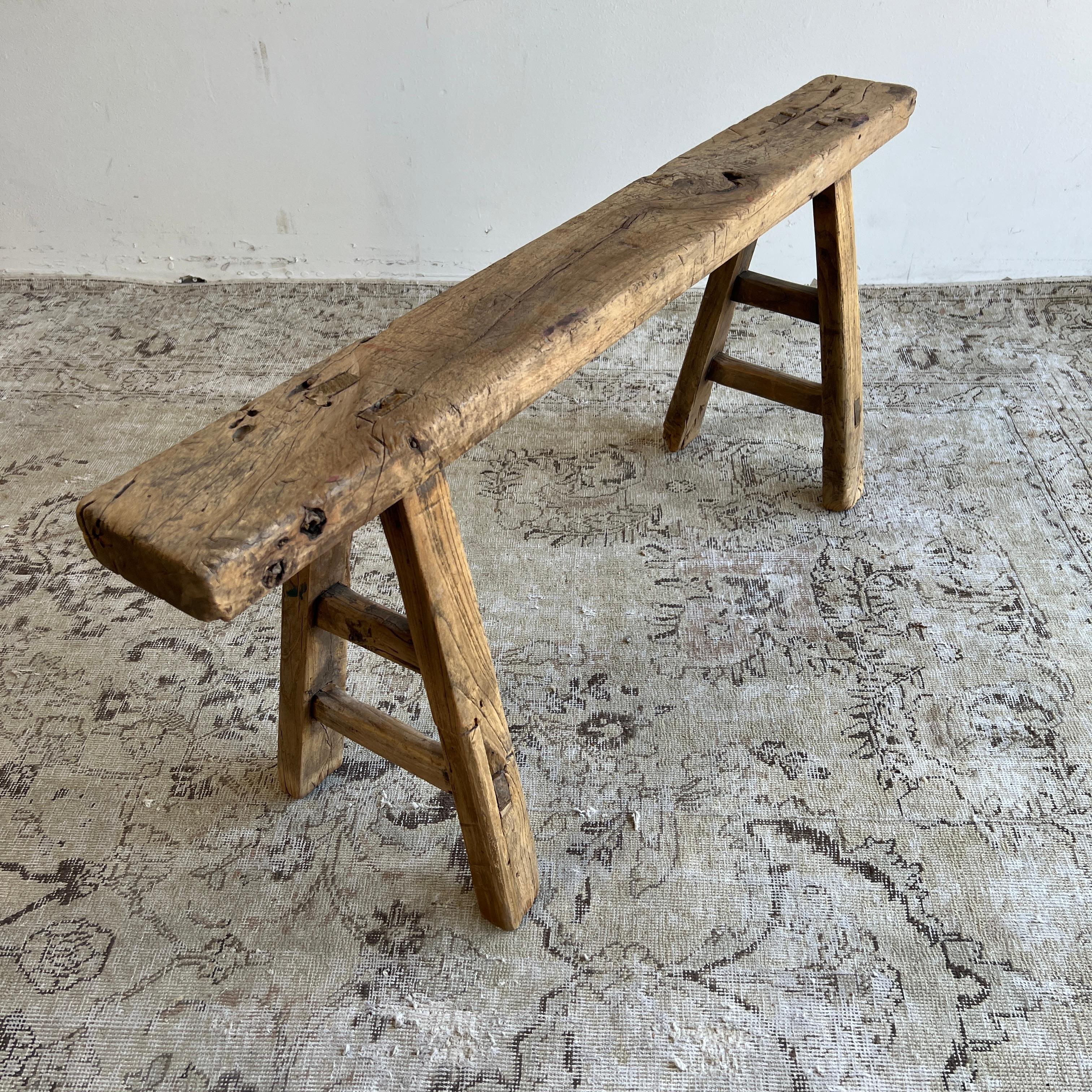 Vintage Elm Wood Skinny Bench In Good Condition In Brea, CA