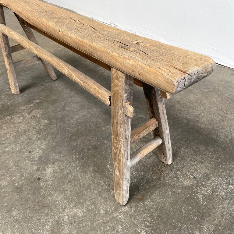 Vintage Elm Wood Skinny Bench For Sale at 1stDibs