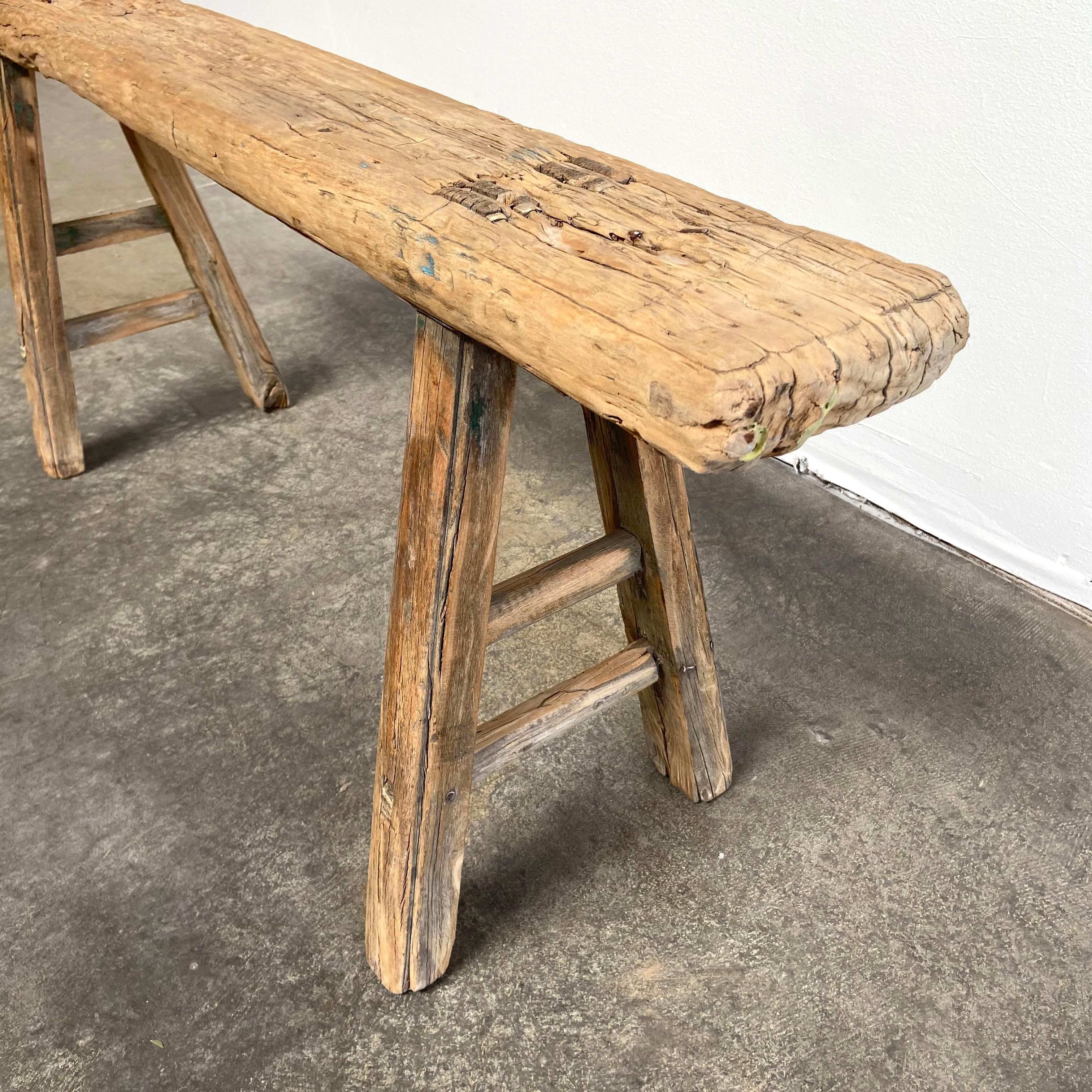 Vintage Elm Wood Skinny Bench In Good Condition In Brea, CA
