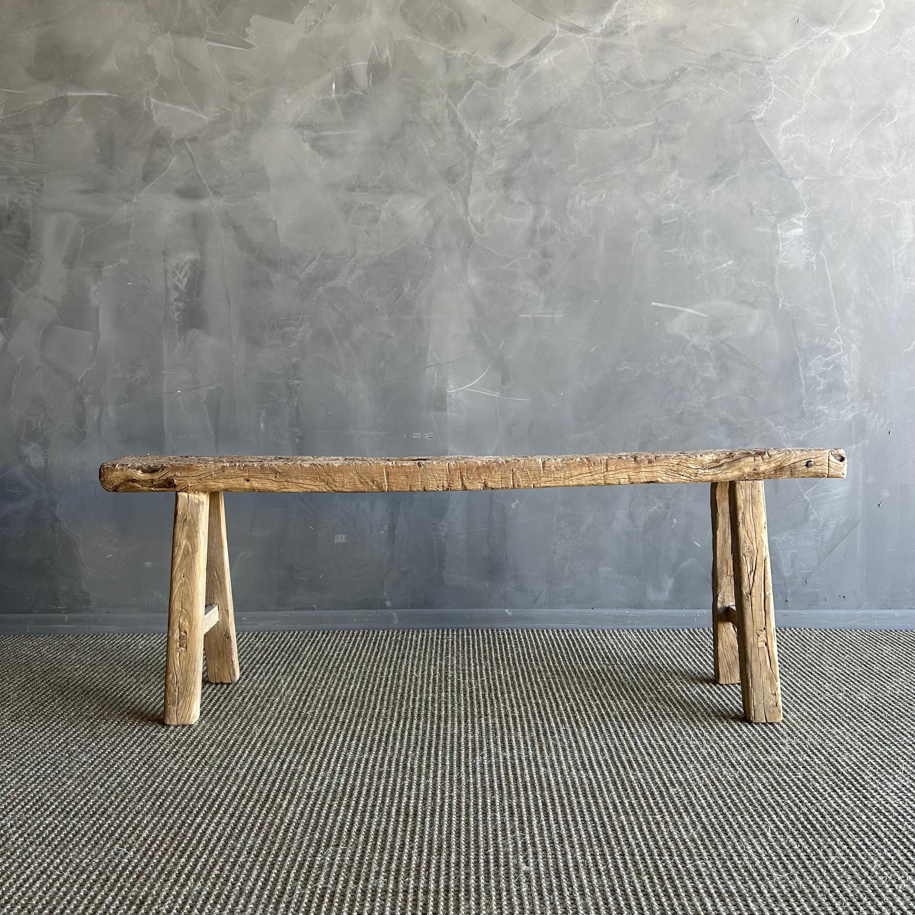Vintage Elm Wood Skinny Bench In Good Condition In Old Town Orange, CA