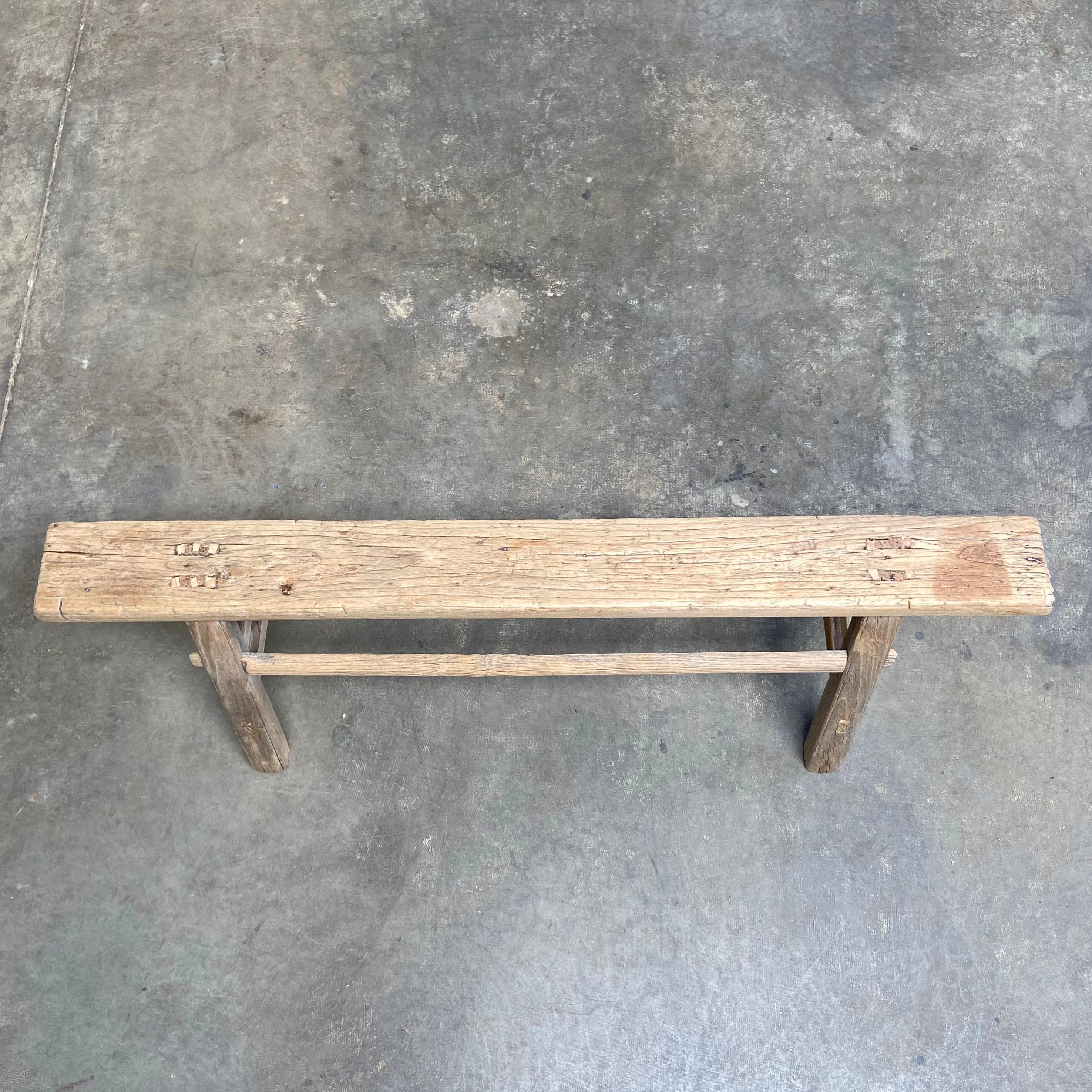 Vintage Elm Wood Skinny Bench In Good Condition In Old Town Orange, CA