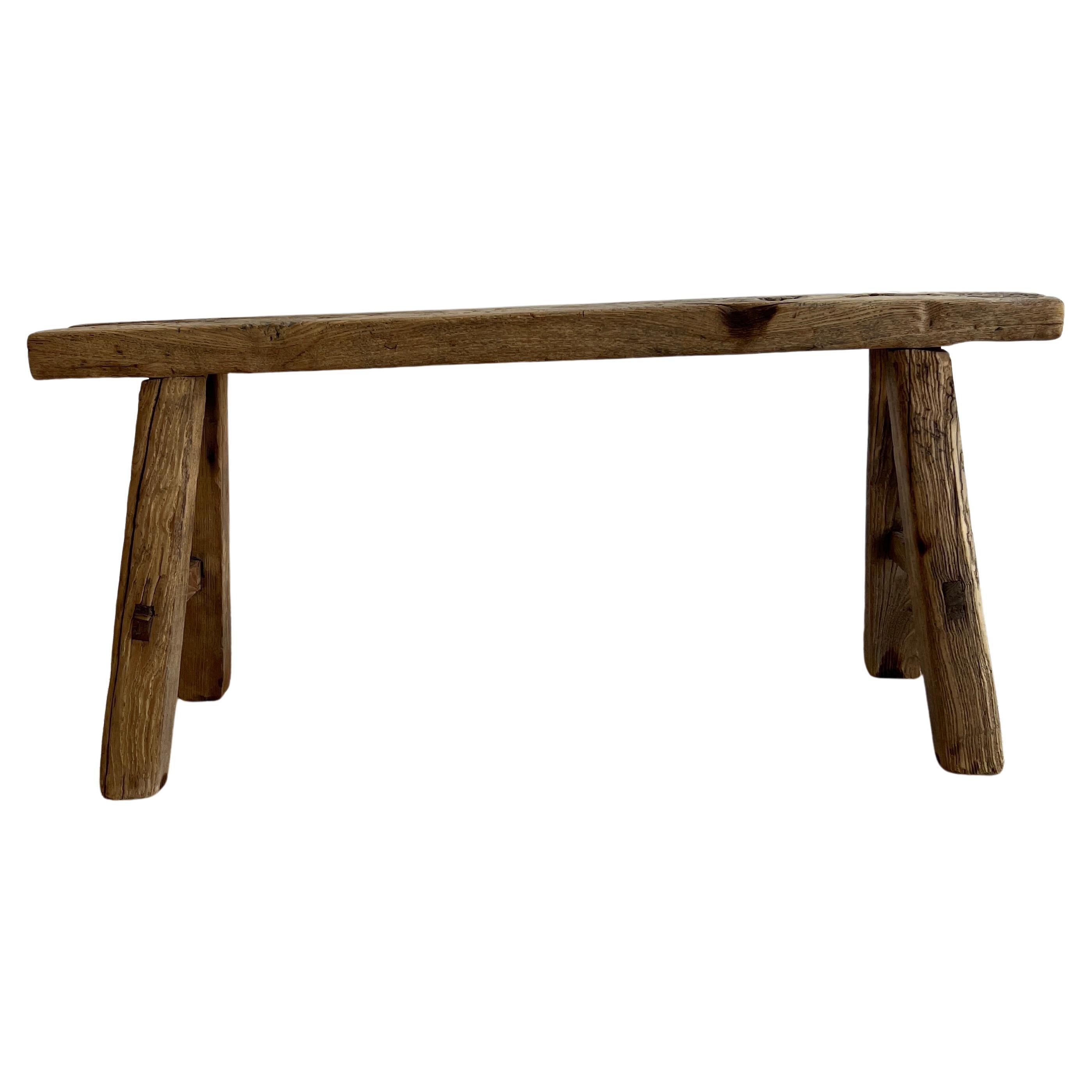 Vintage Elm Wood Skinny Bench with Rustic Plank Seat Top at 1stDibs