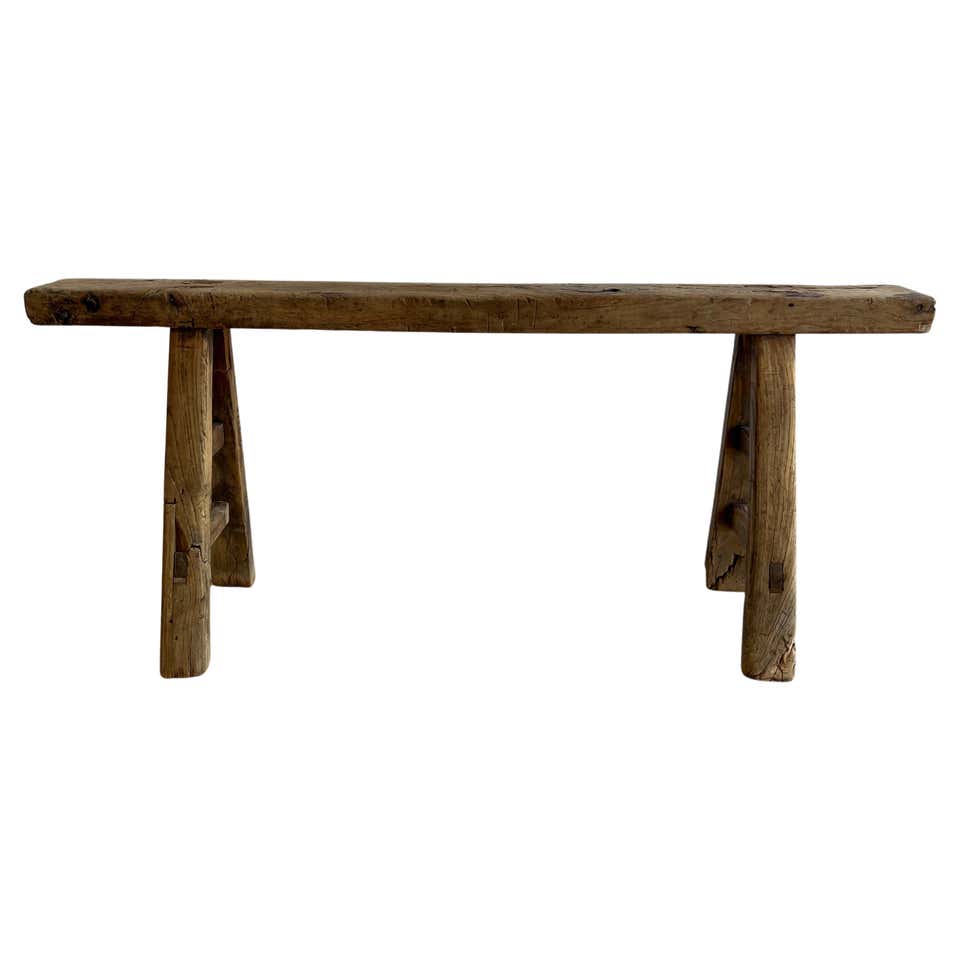 Vintage Elm Wood Skinny Bench with Rustic Plank Seat Top at 1stDibs ...