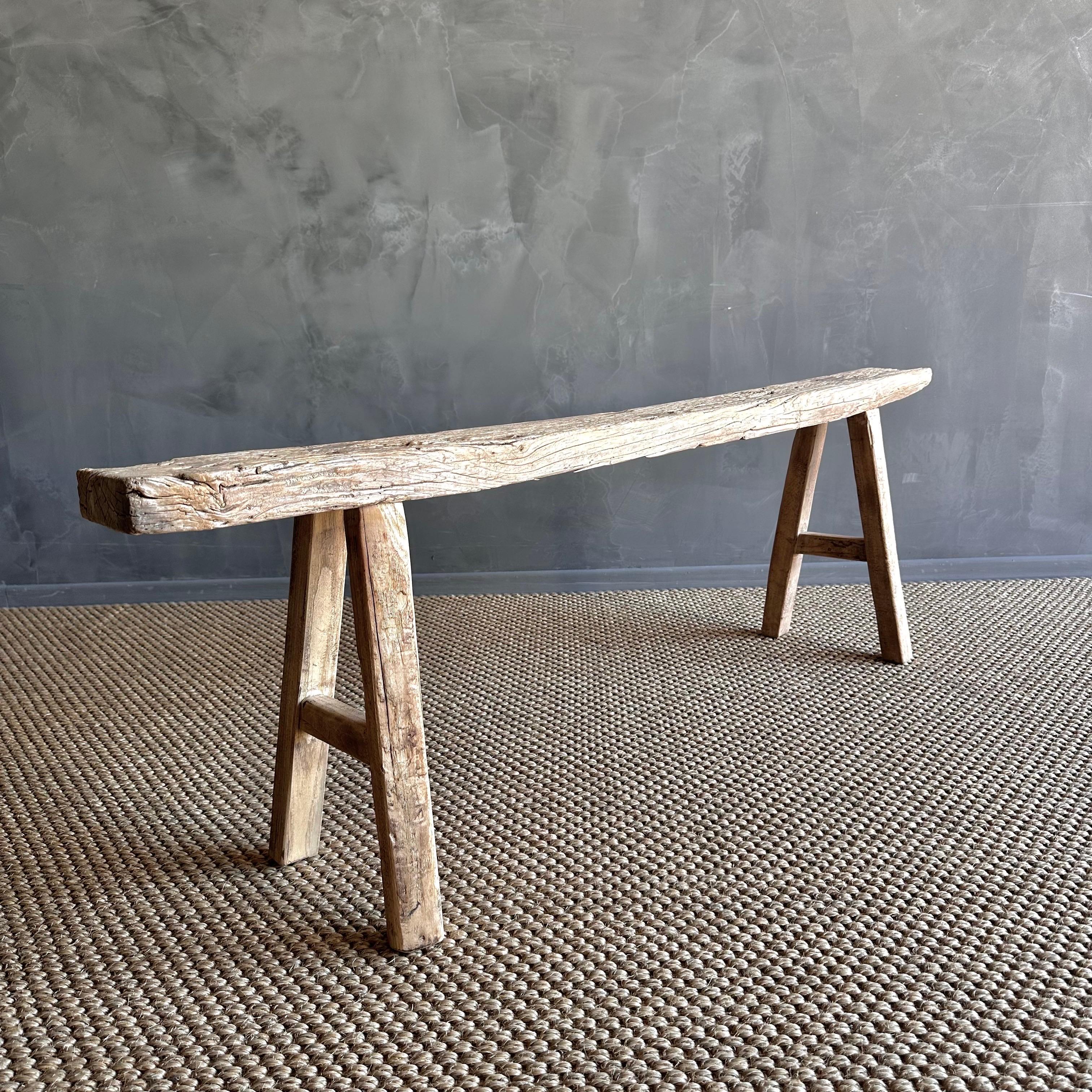 Vintage elm wood skinny bench from reclaimed wood In Good Condition In Old Town Orange, CA