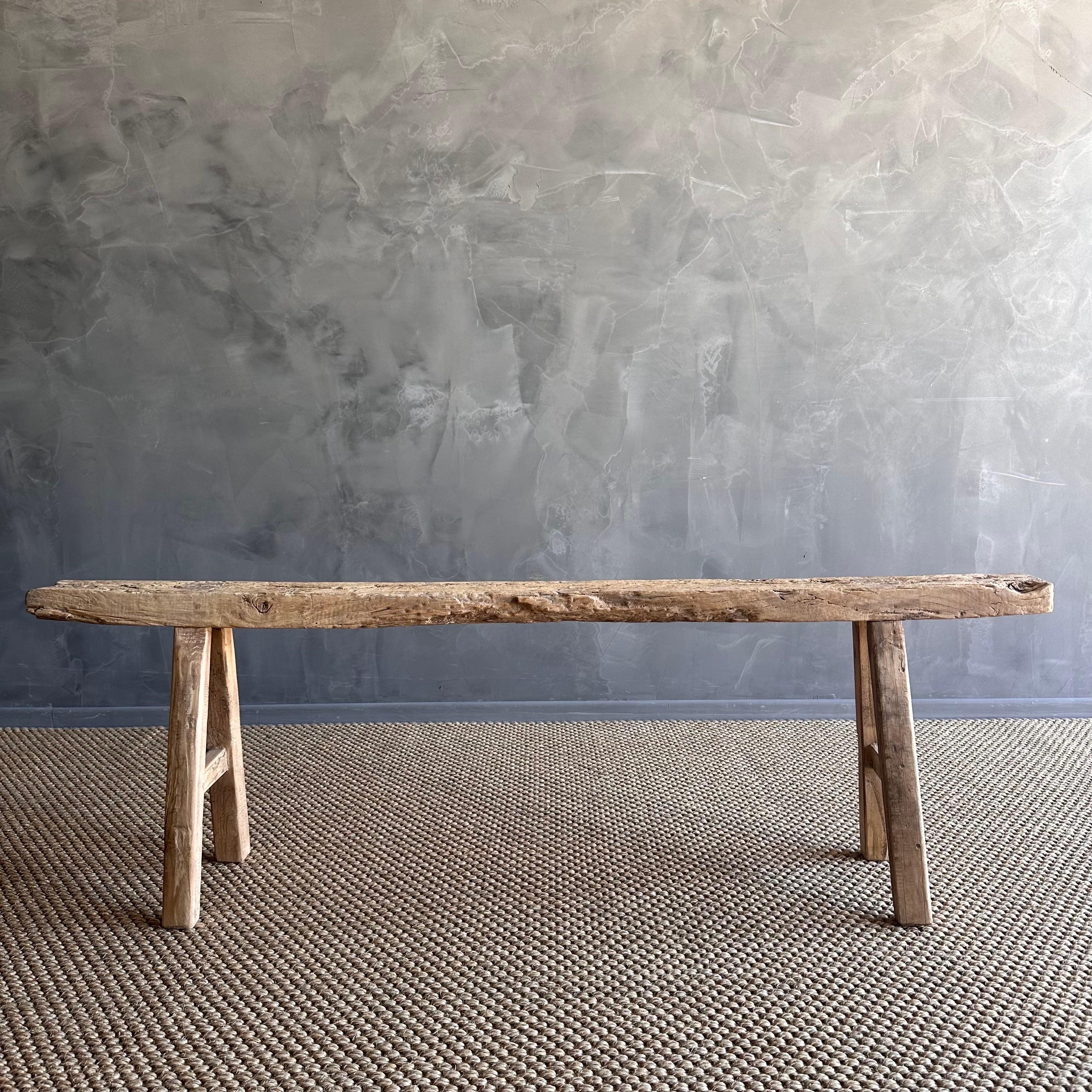 20th Century Vintage elm wood skinny bench from reclaimed wood