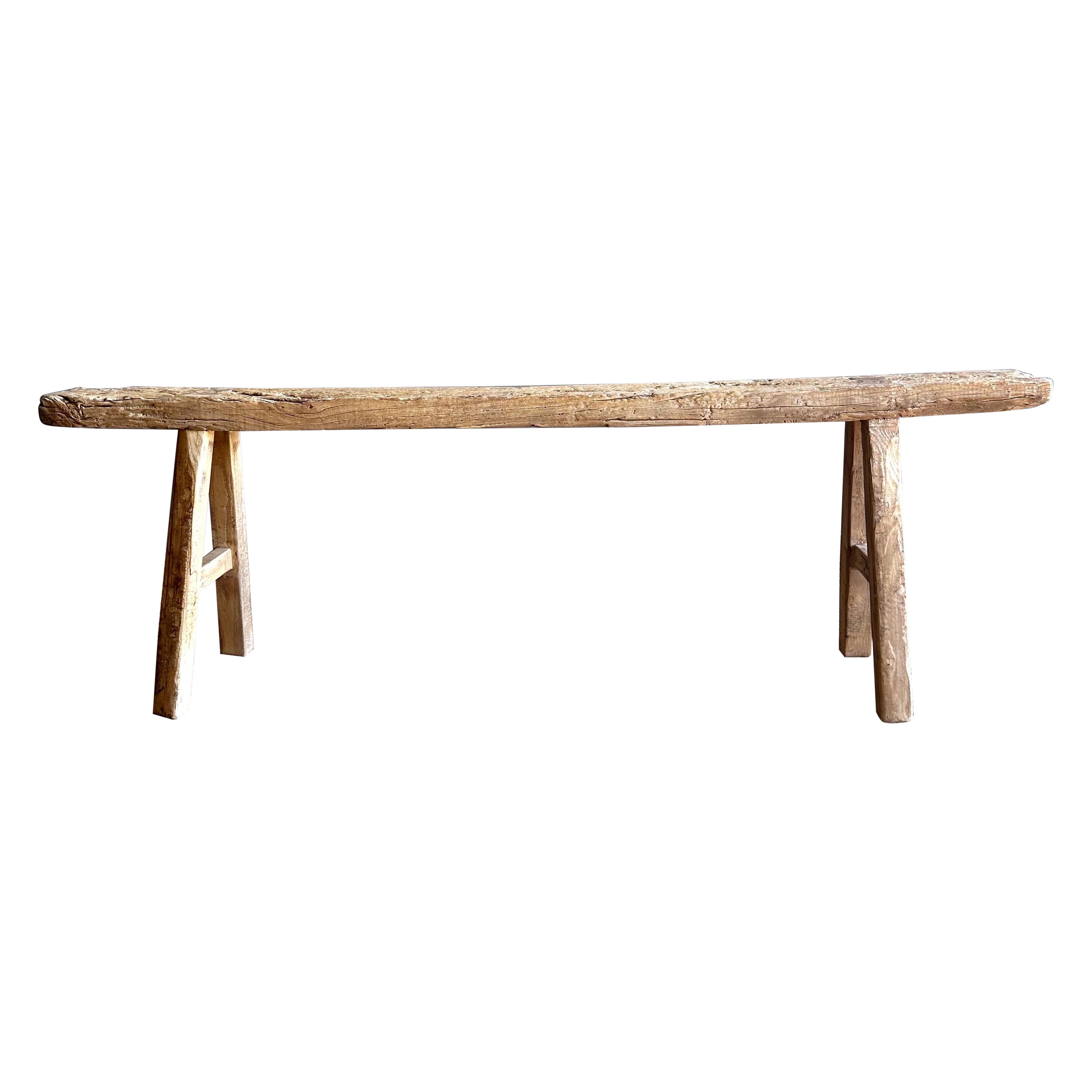 Vintage elm wood skinny bench from reclaimed wood
