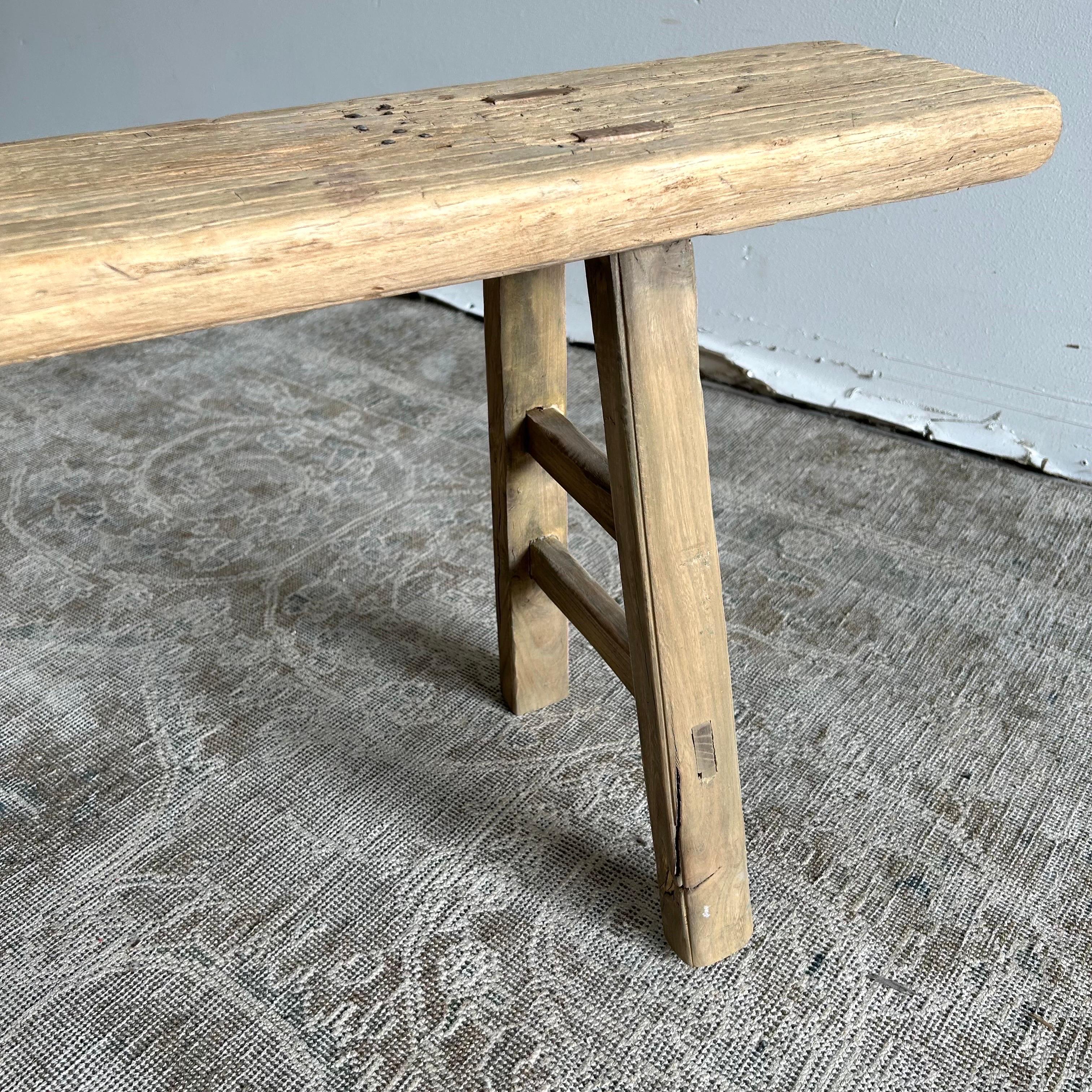 Vintage Elm Wood Skinny Bench with Aged Patina 6
