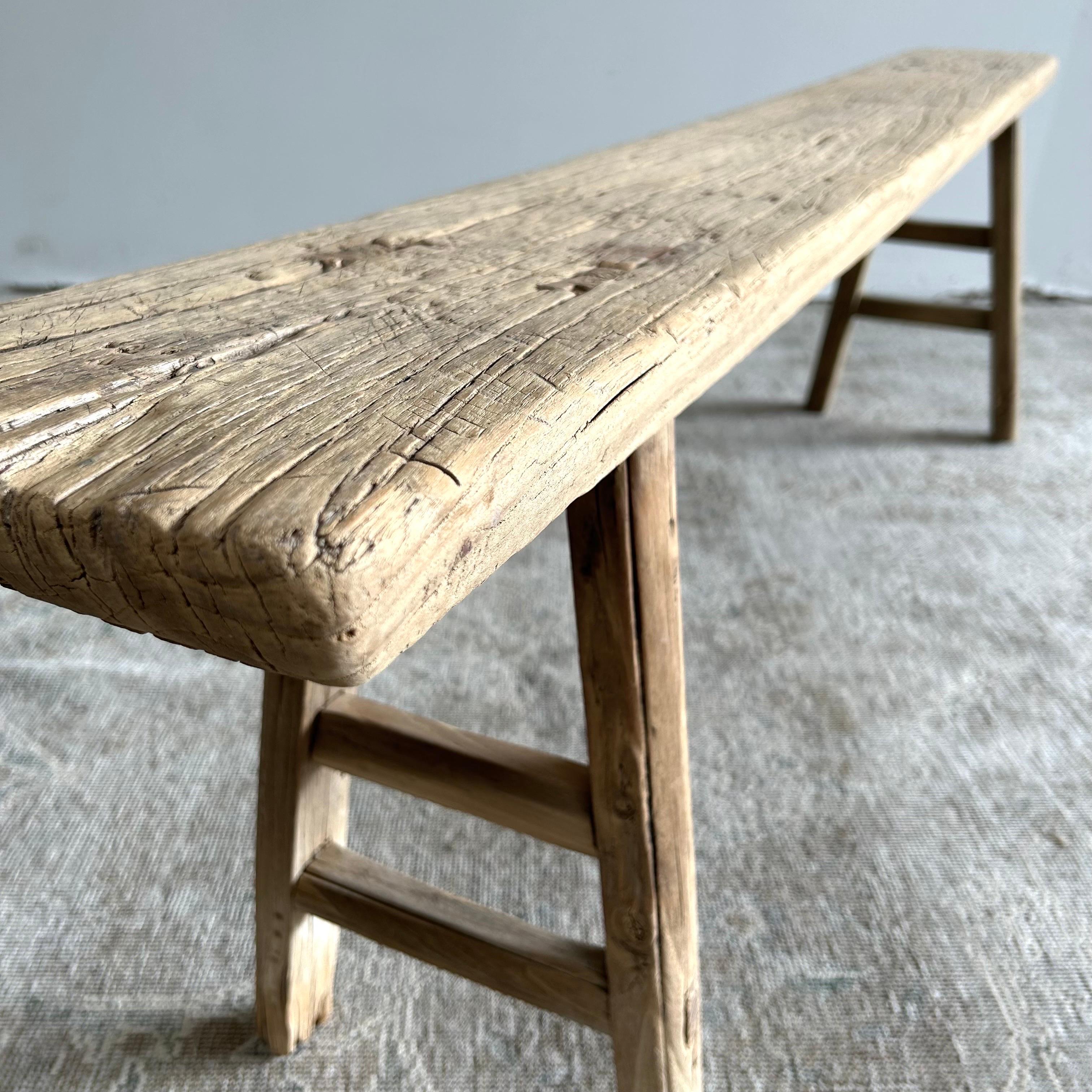 Vintage Elm Wood Skinny Bench with Aged Patina 7