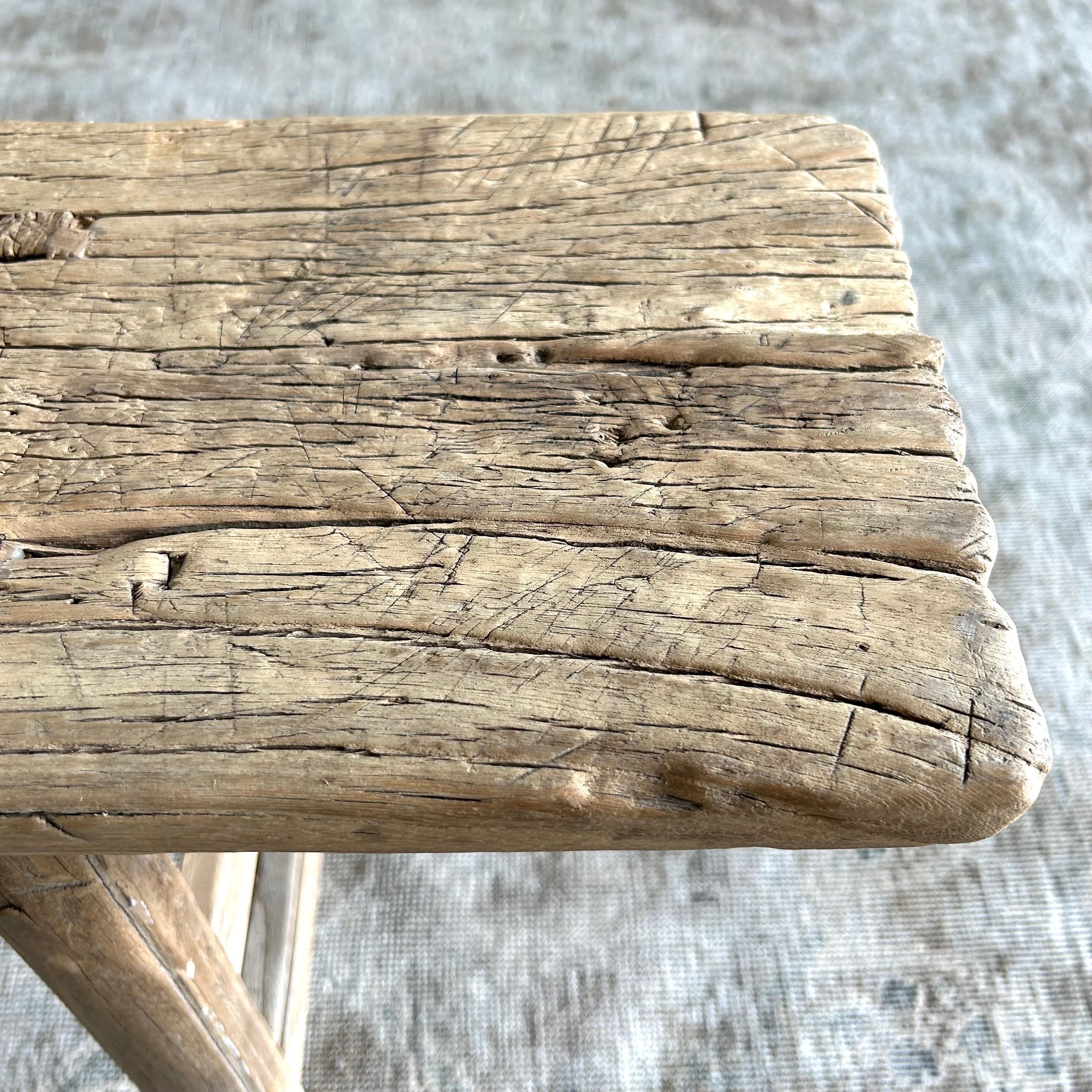 Vintage Elm Wood Skinny Bench with Aged Patina 8
