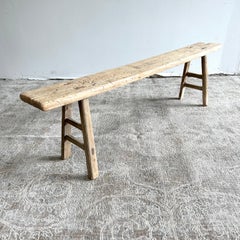 Vintage Elm Wood Skinny Bench with Aged Patina