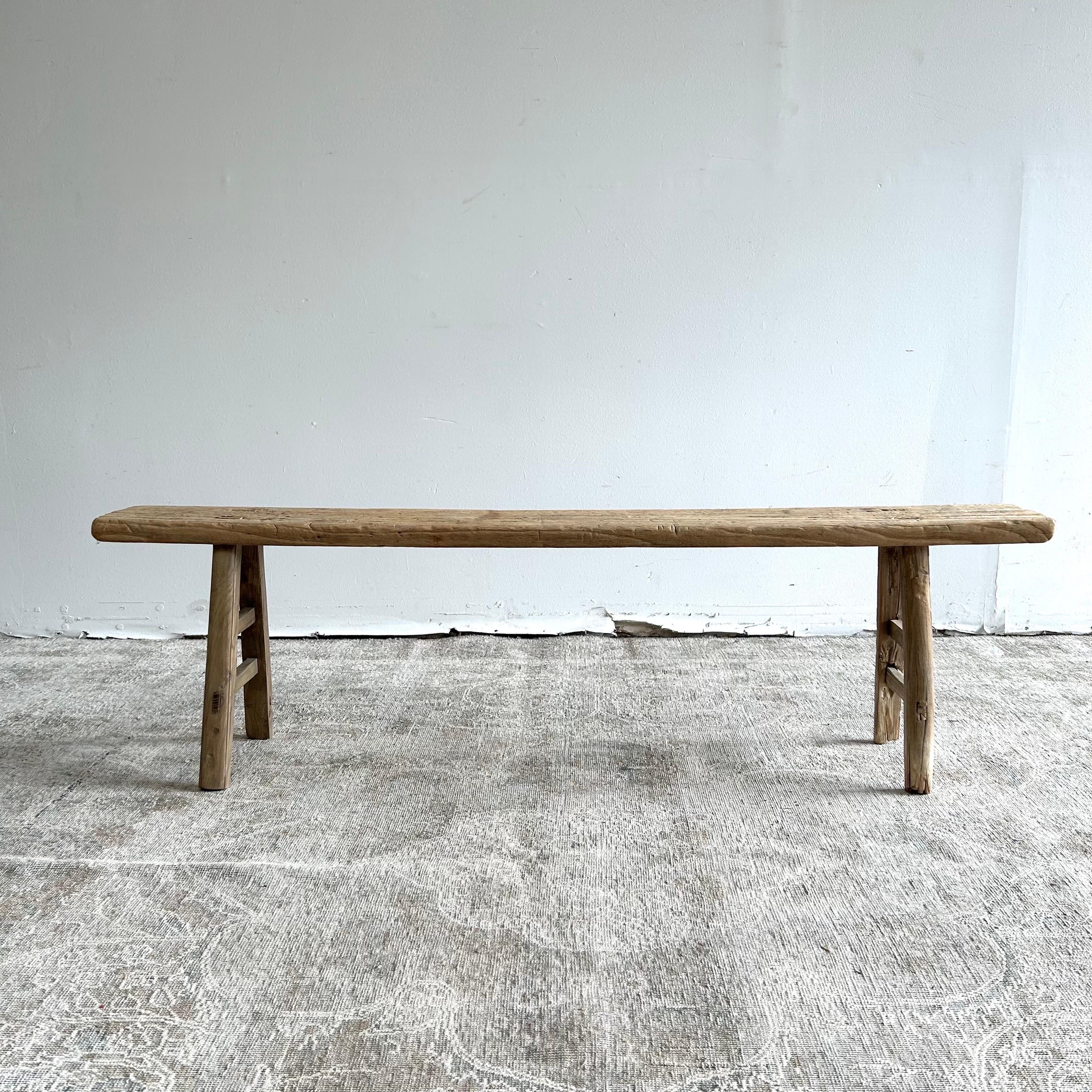 Vintage Elm Wood Skinny Bench with Aged Patina In Good Condition In Brea, CA