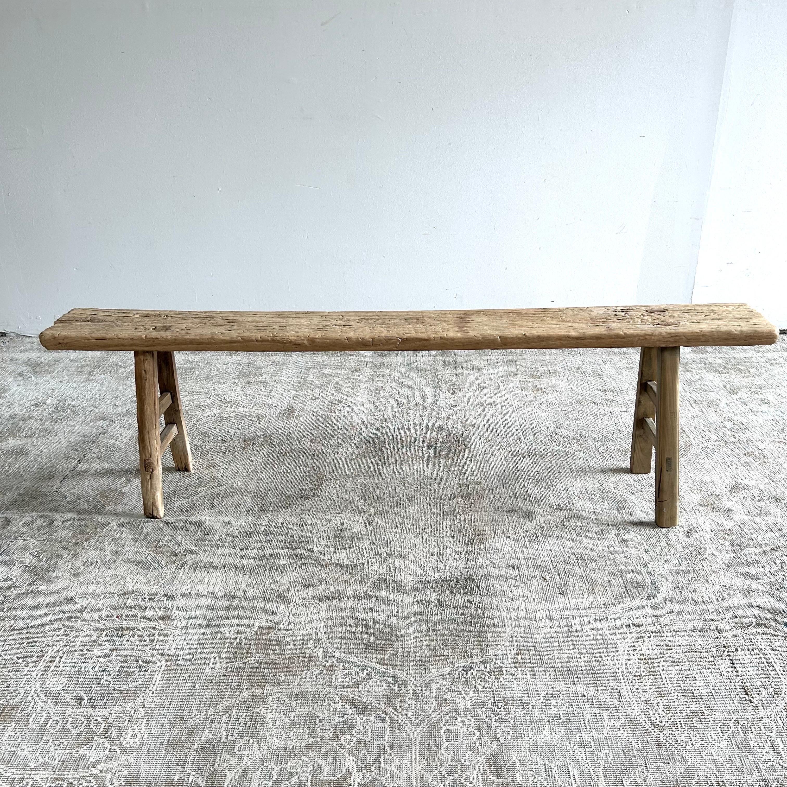 Vintage Elm Wood Skinny Bench with Aged Patina 1