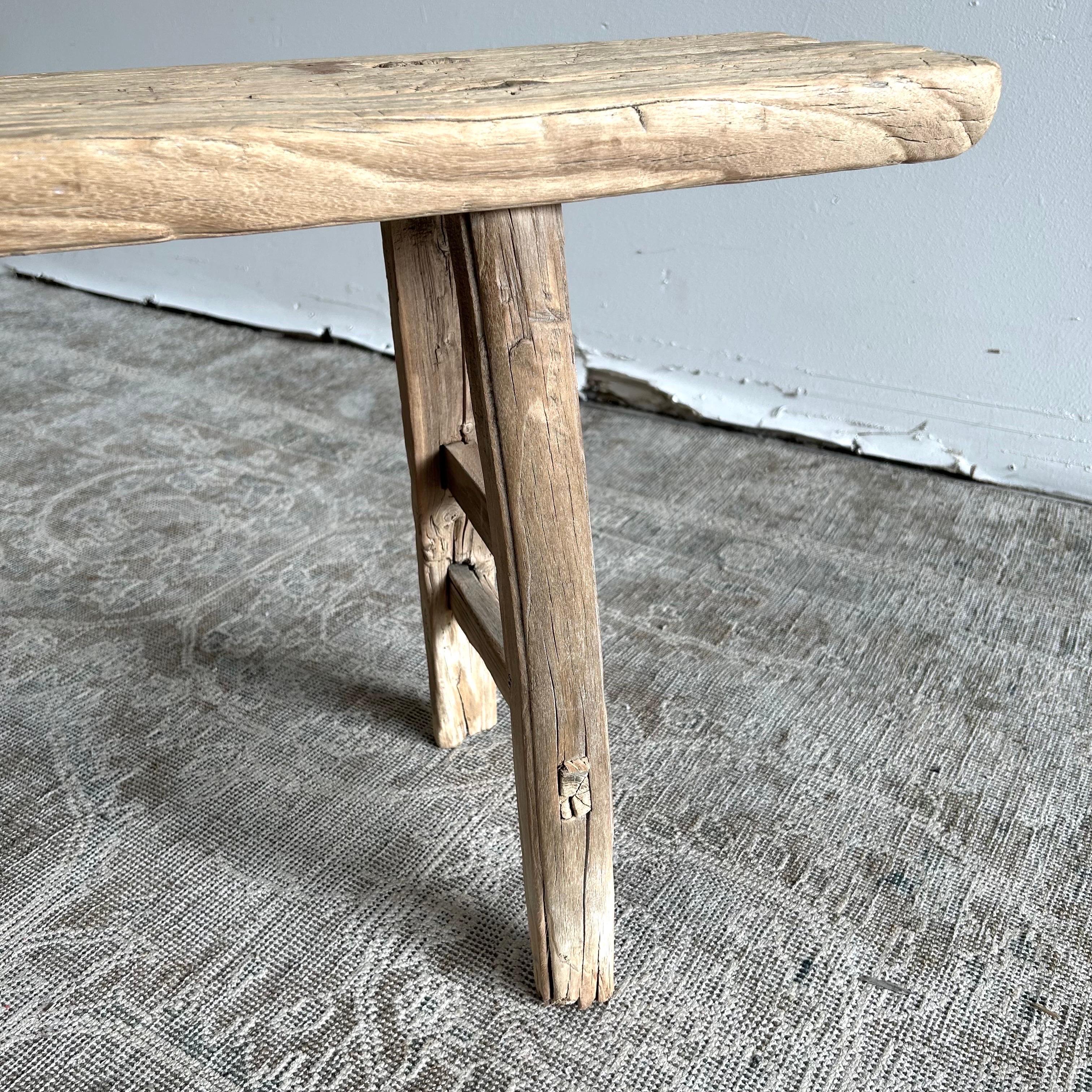 Vintage Elm Wood Skinny Bench with Aged Patina 5
