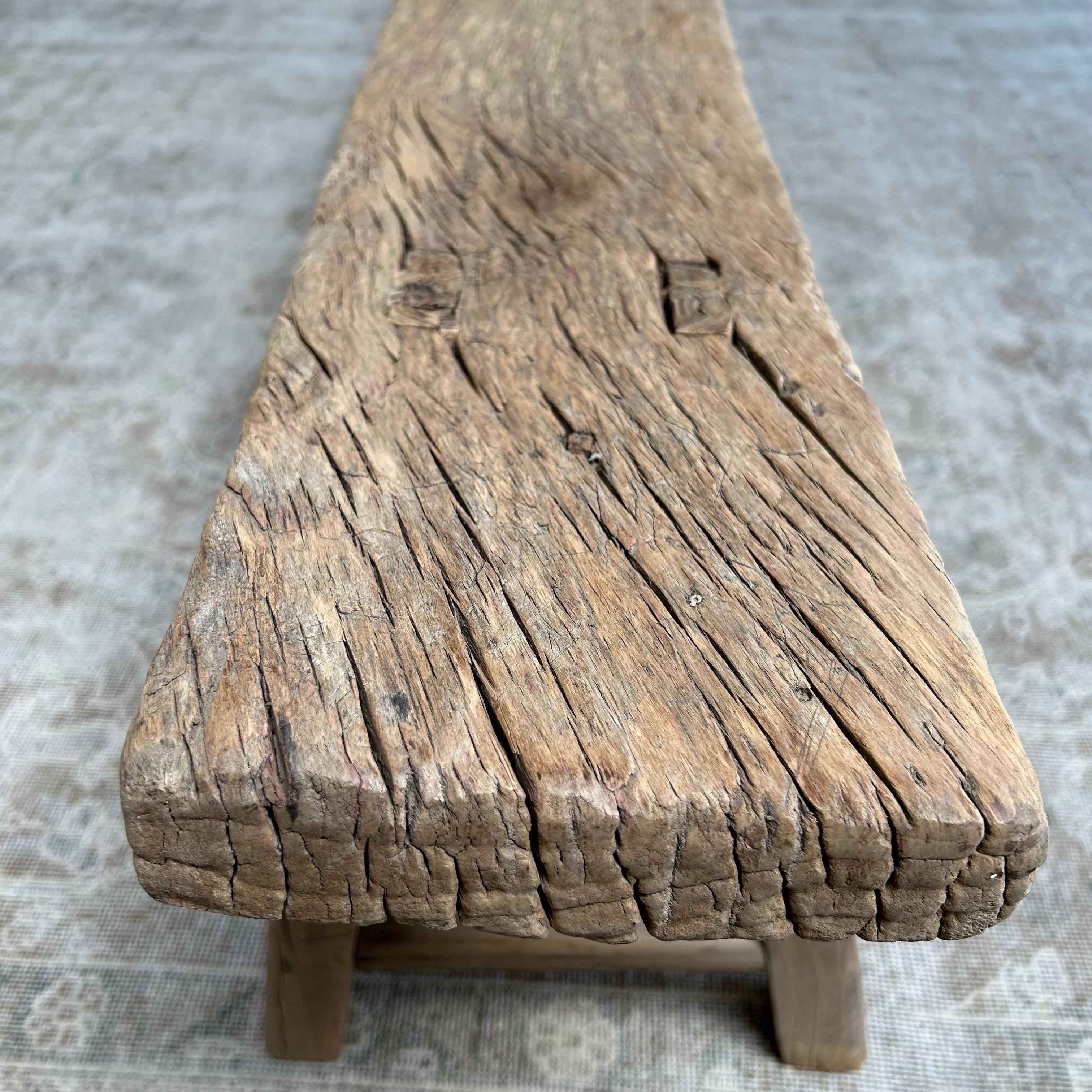 Vintage Elm Wood Skinny Bench with Aged Patina 2
