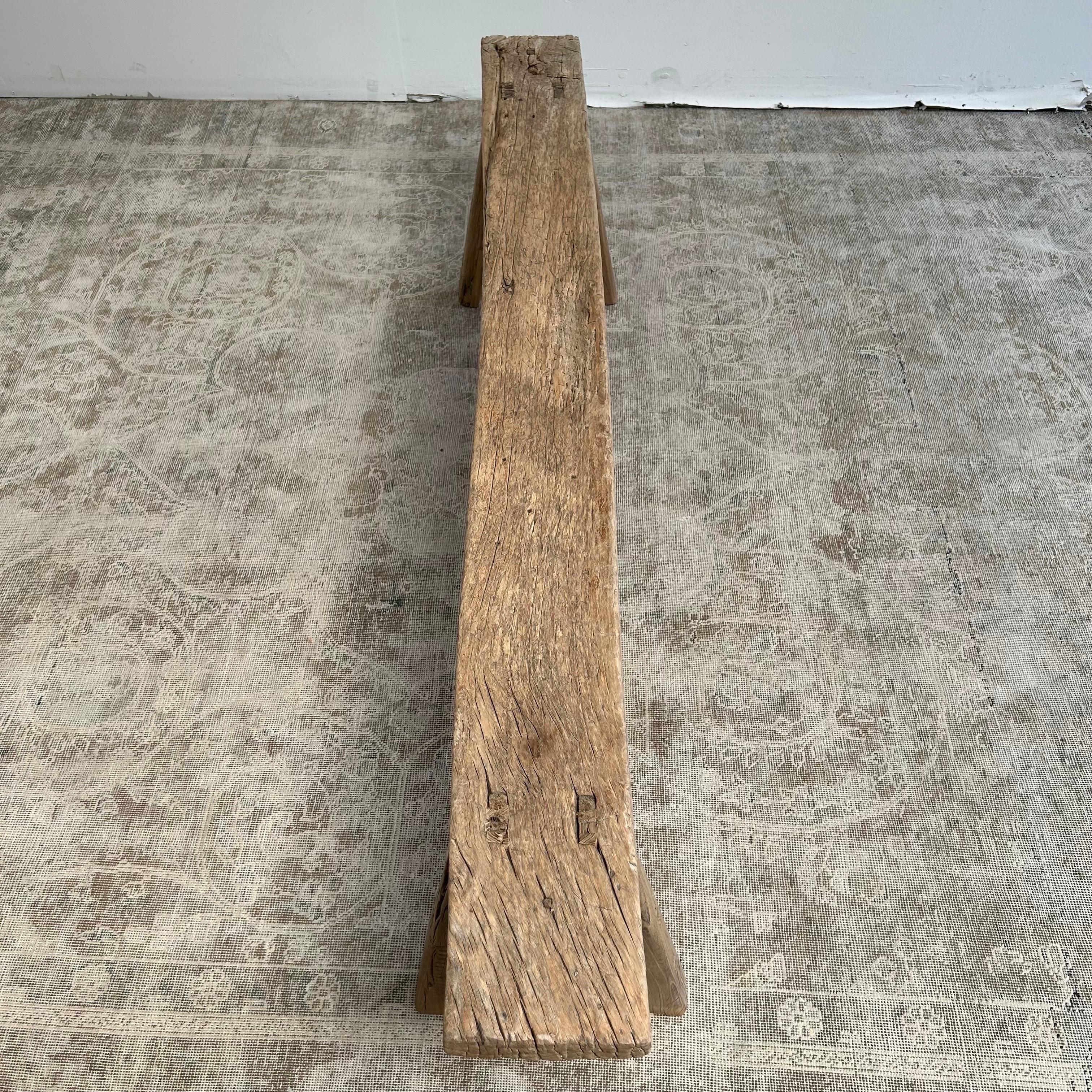 Vintage Elm Wood Skinny Bench with Aged Patina 3