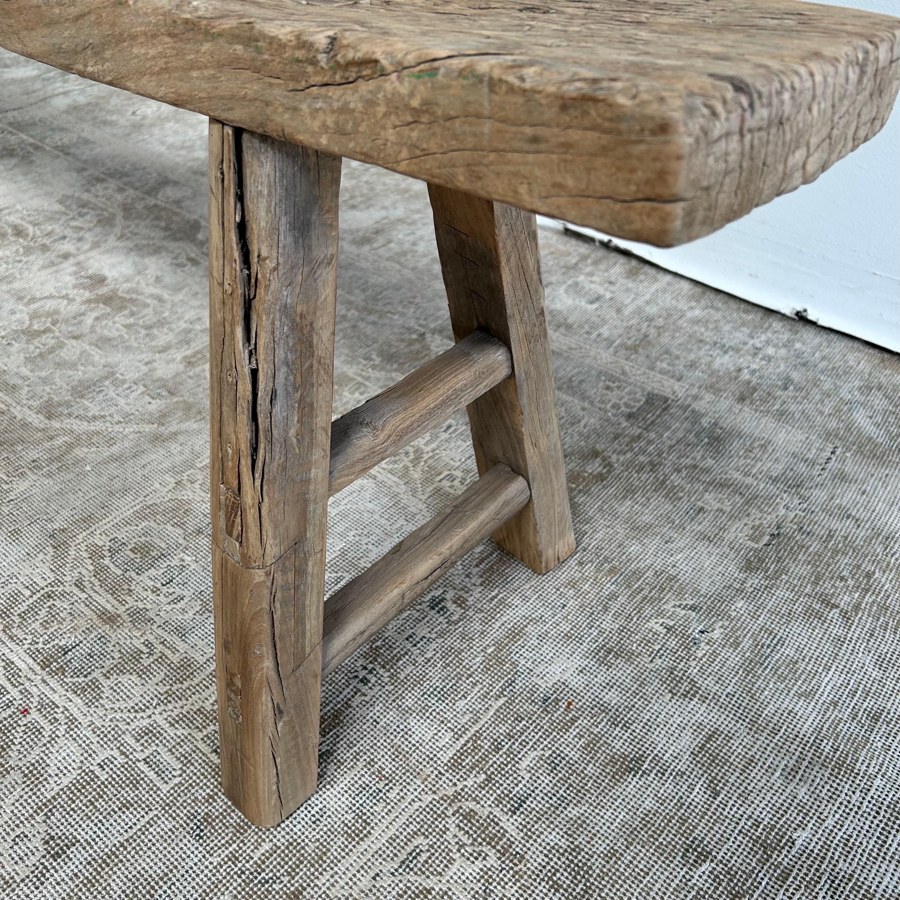 Vintage Elm Wood Skinny Bench with Aged Patina 4