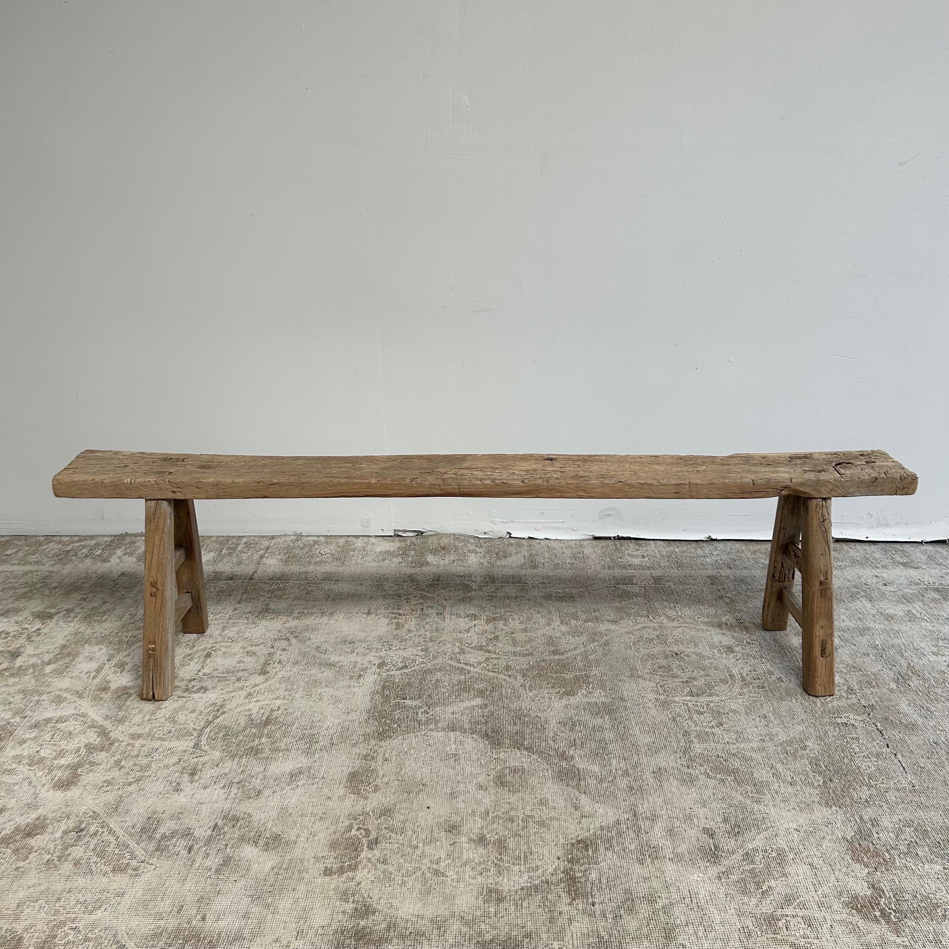 Vintage Elm Wood Skinny Bench with Aged Patina In Good Condition In Brea, CA