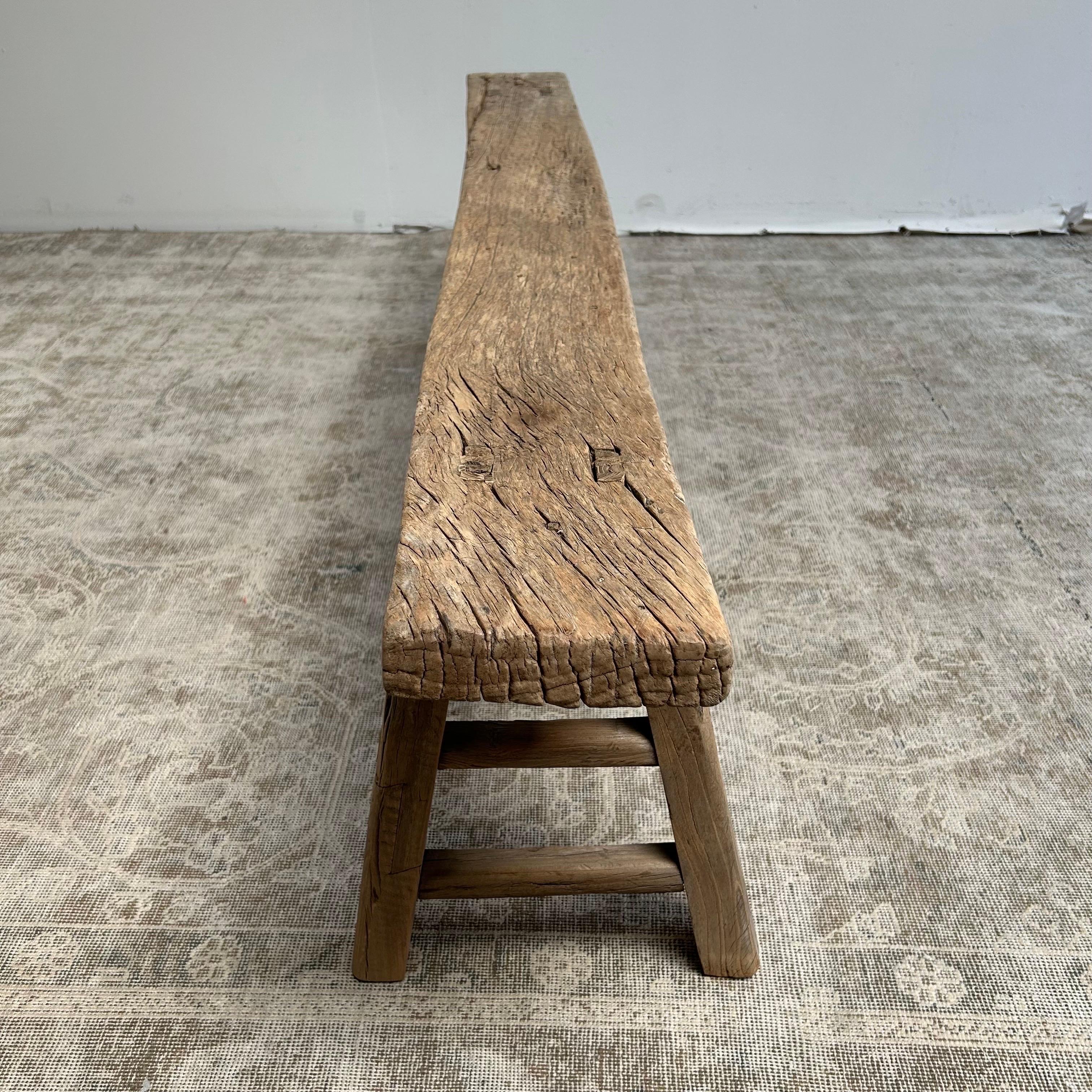 20th Century Vintage Elm Wood Skinny Bench with Aged Patina